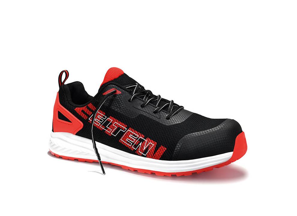 Ein schwarzer und roter Turnschuh mit dem Markennamen 'ELTEN', der seitlich aufgedruckt ist, mit einer weißen Sohle und roten Akzenten für ein sportliches Design.