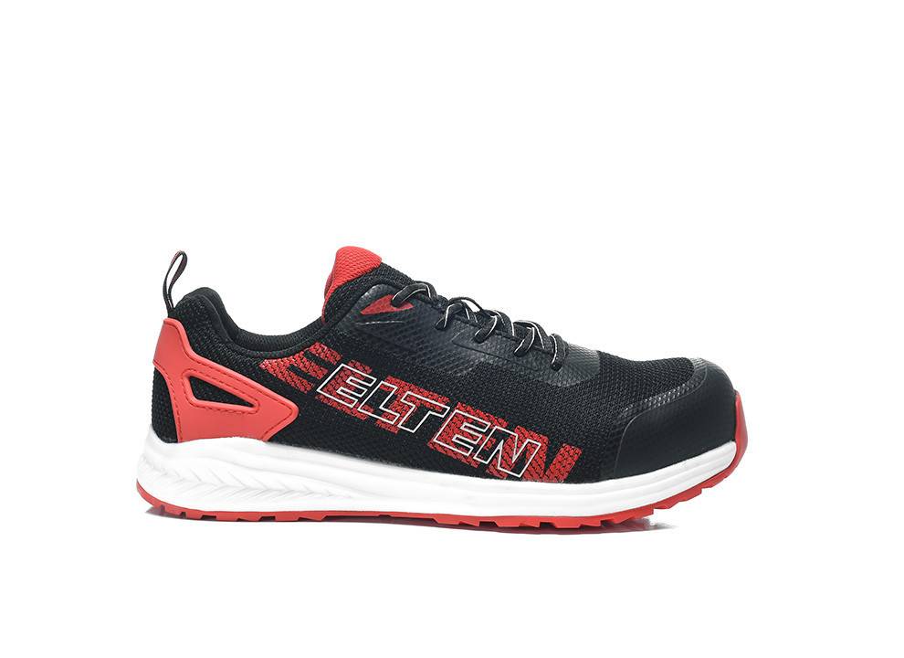 Ein schwarzer und roter Sportschuh mit weißer Sohle, auf dessen Seite das Wort 'ELTEN' zu sehen ist. Das Design betont die sportliche Leistungsfähigkeit.