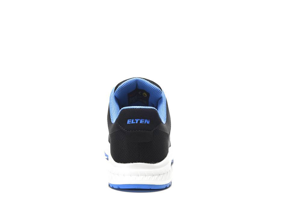 Ein schwarzer und blauer Sportschuh, von hinten betrachtet, zeigt eine weiße Sohle und den Schriftzug 'ELTEN' in blau auf der Ferse.