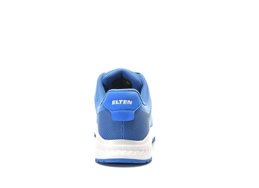 Eine blaue Sportschuh, von hinten betrachtet, mit dem Markennamen 
