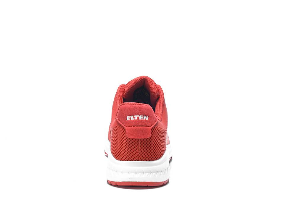 Roter Turnschuh von hinten betrachtet, mit Markennamen 'ELTEN' auf der Ferse, weiße Sohle.