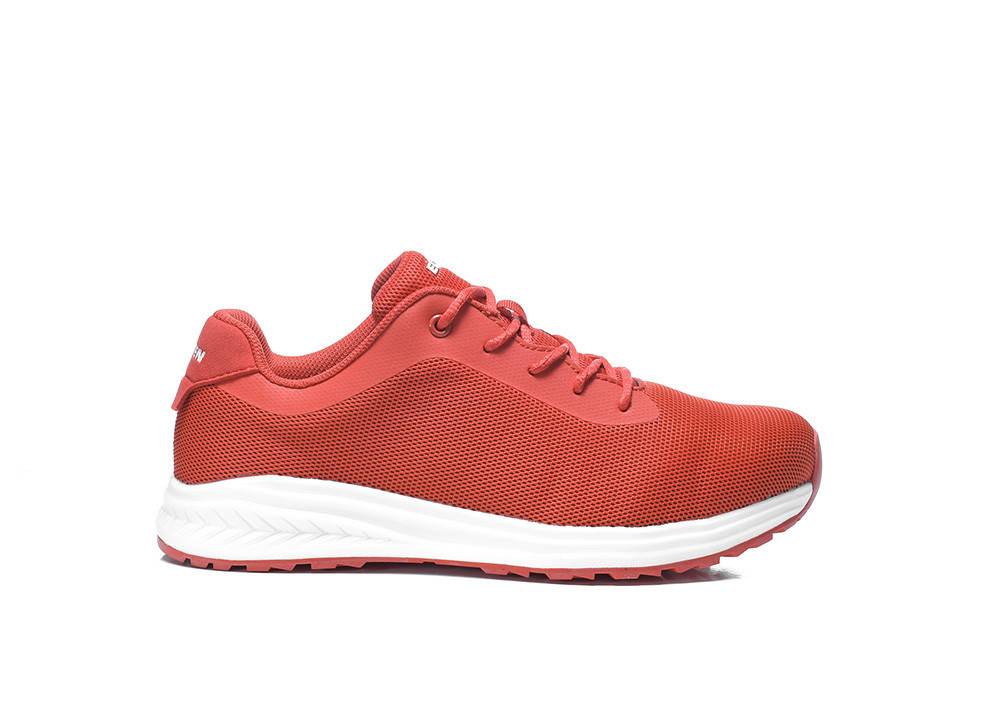 Roter Sportschuh mit Mesh-Obermaterial, weißer Sohle und gebogener Profilierung, entwickelt für Komfort und Leistung.