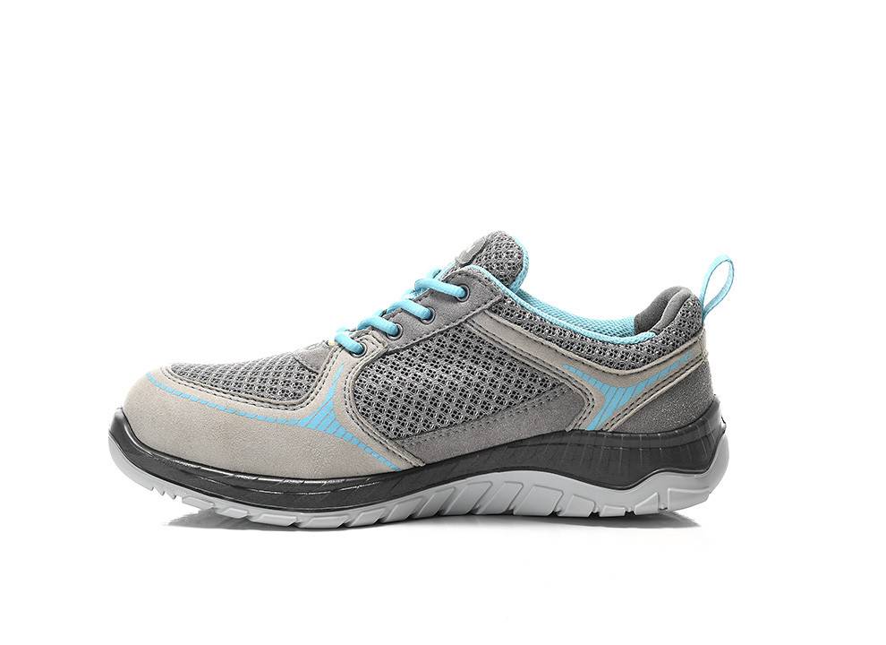 Ein grauer und türkisfarbener Sportschuh mit Netzeinsätzen an den Seiten und einer dicken Gummisohle.