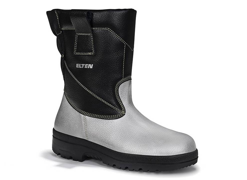 Ein Schutzstiefel mit einem silbernen unteren Abschnitt und einem schwarzen oberen Teil, ausgestattet mit Zugschlaufen am Schaft und einer strukturierten Sohle für guten Halt.