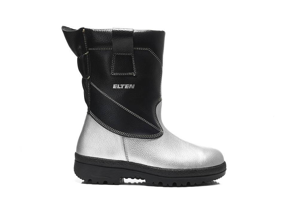 Ein metallisch silberner und schwarzer Schutzarbeitsschuh mit einer robusten Sohle, mit der Bezeichnung 'Elten', entwickelt für Sicherheit in industriellen Umgebungen.