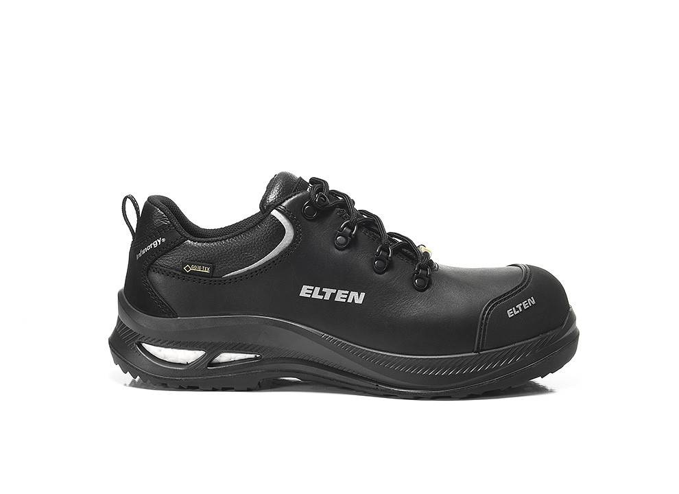 Ein schwarzer Sicherheitsschuh mit niedrigem Schnitt, auf dessen Seite der Markenname 'ELTEN' angebracht ist. Der Schuh verfügt über robuste Schnürsenkel und eine profilierte Sohle.