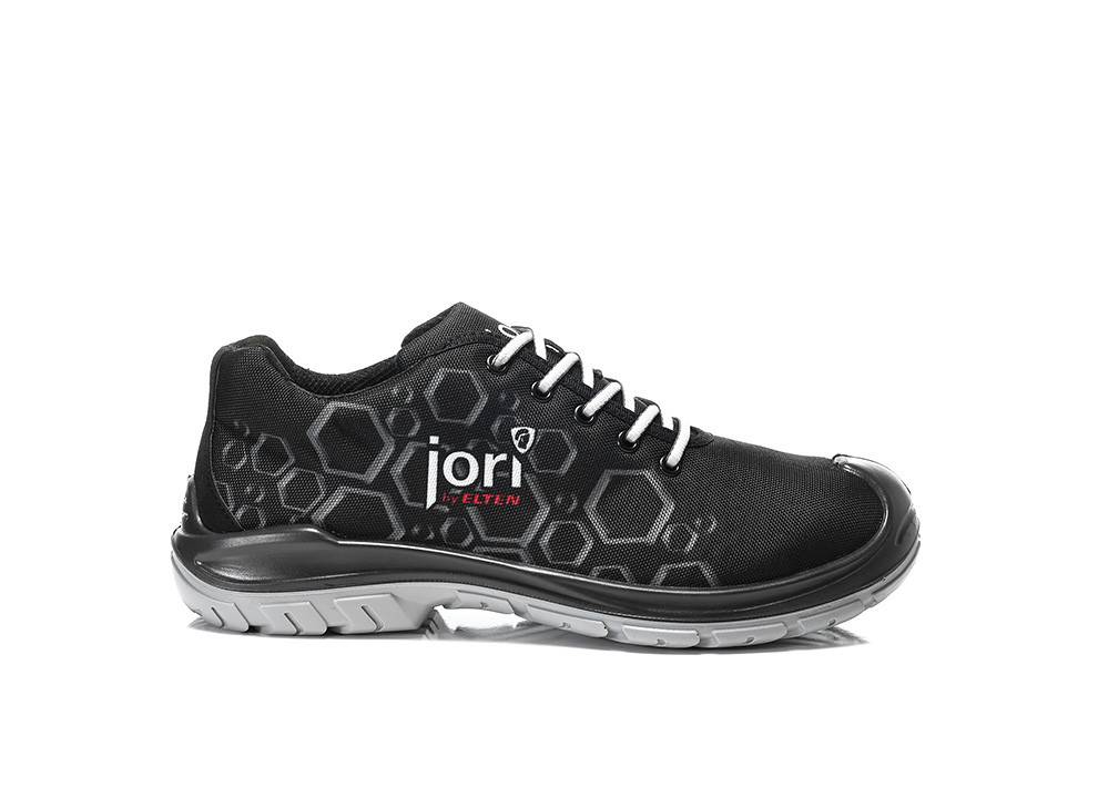Ein schlanker schwarzer Sportschuh mit Sechseckmustern, weißen Schnürsenkeln und dem Markennamen 'jori by Elten' an der Seite, der ein modernes Design präsentiert.