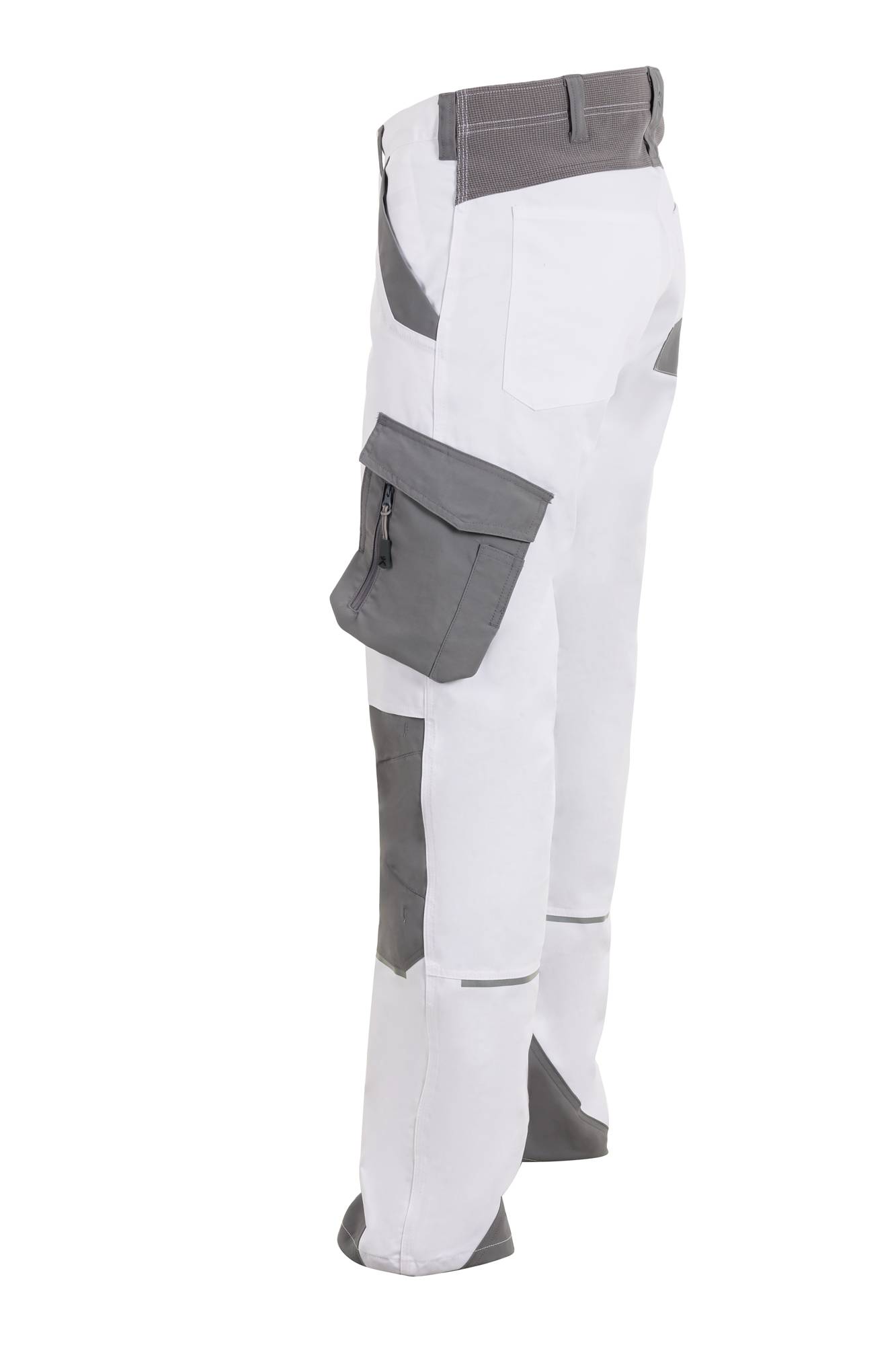 Weiße Arbeitshose mit grauen Taschen und Kniebesätzen, ausgestattet mit einer Seitentasche mit Reißverschluss, entwickelt für Funktionalität und Strapazierfähigkeit.