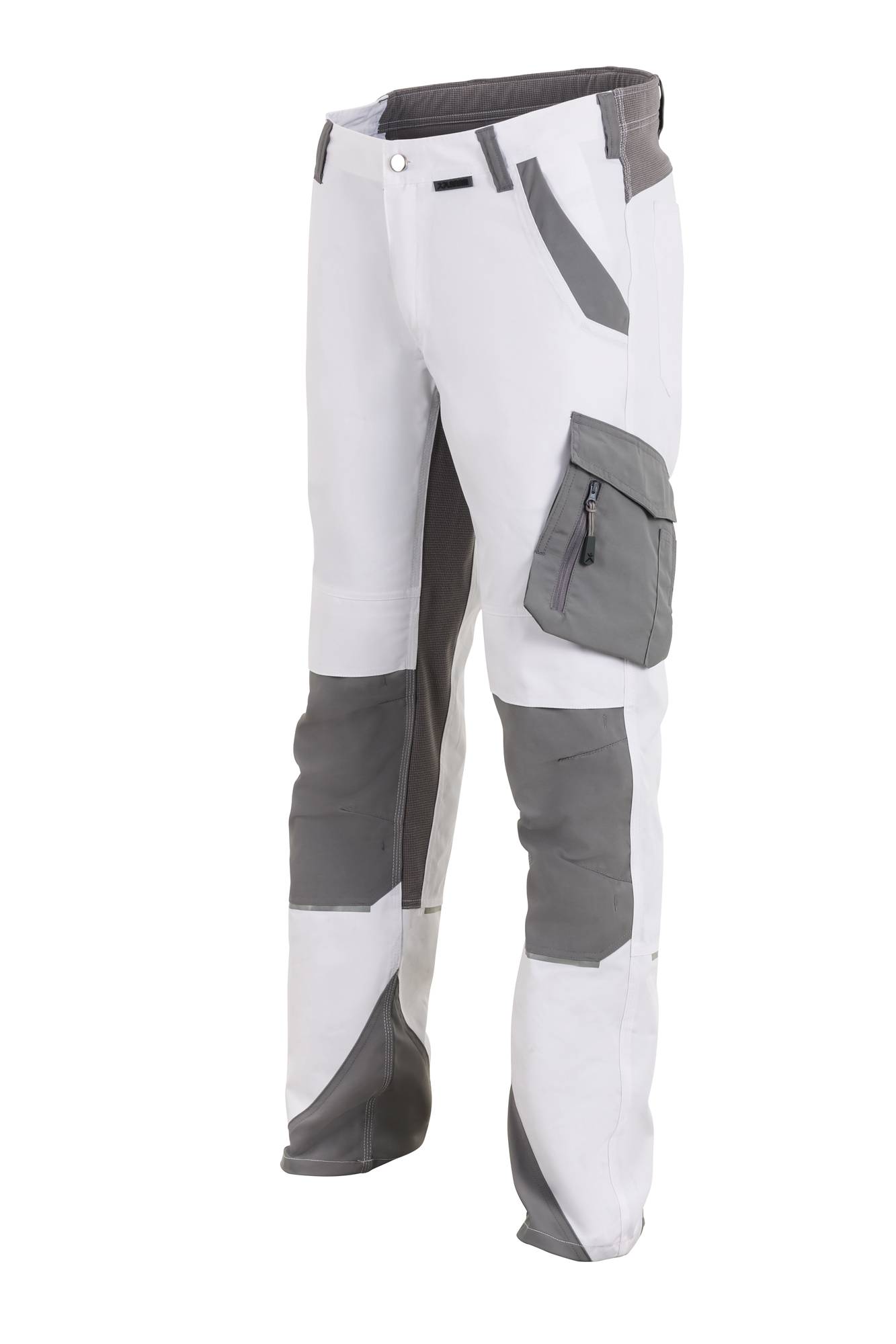 Weiße Hose mit grauen Kniebesätzen und einer seitlichen Reißverschlusstasche, konzipiert für Haltbarkeit und Funktionalität.