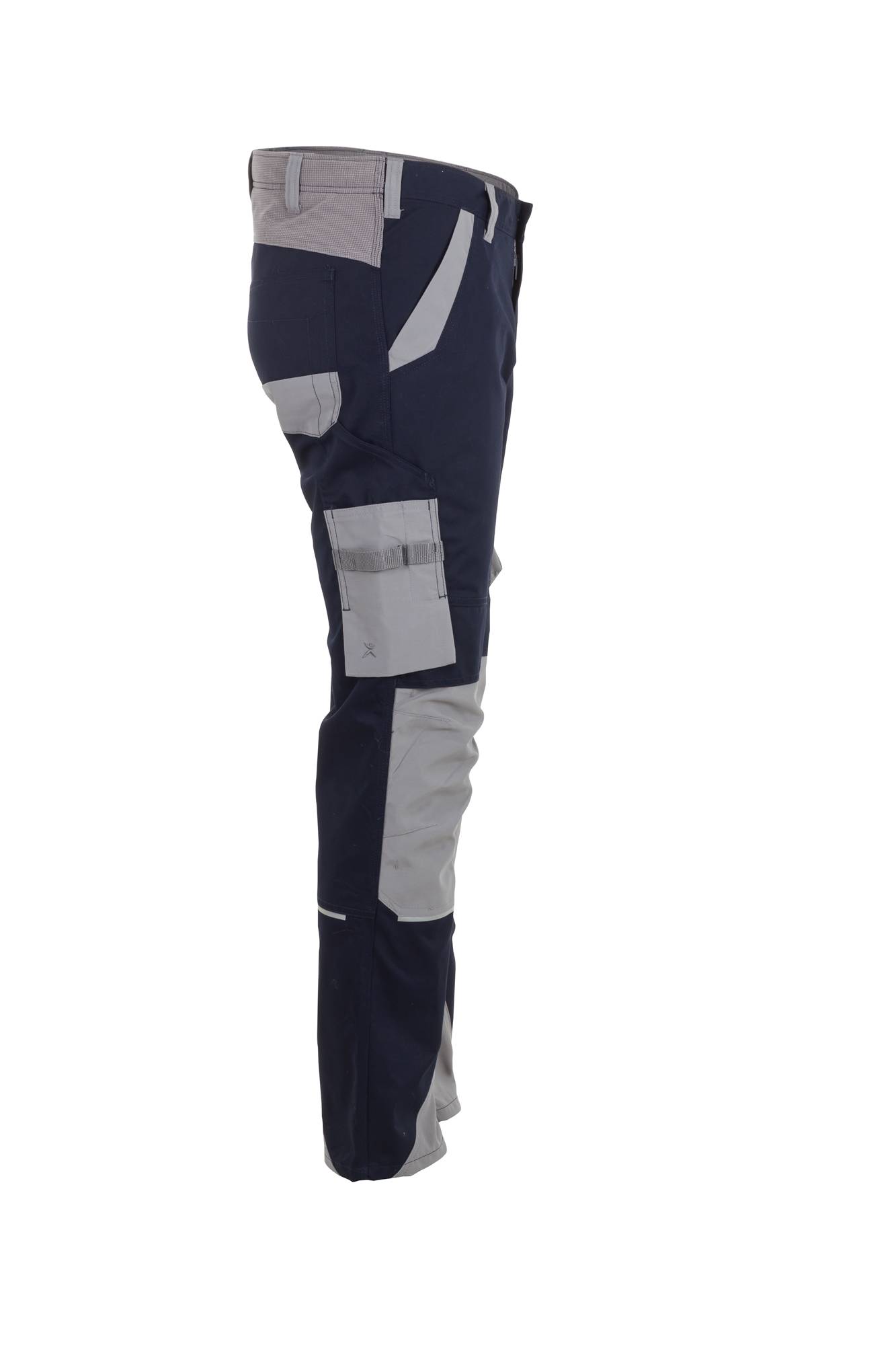 Dunkelblaue Arbeitshose mit grauen Einsätzen, seitlicher Tasche und verstärkten Knien, geeignet für körperliche Arbeit oder Outdoor-Einsatz.