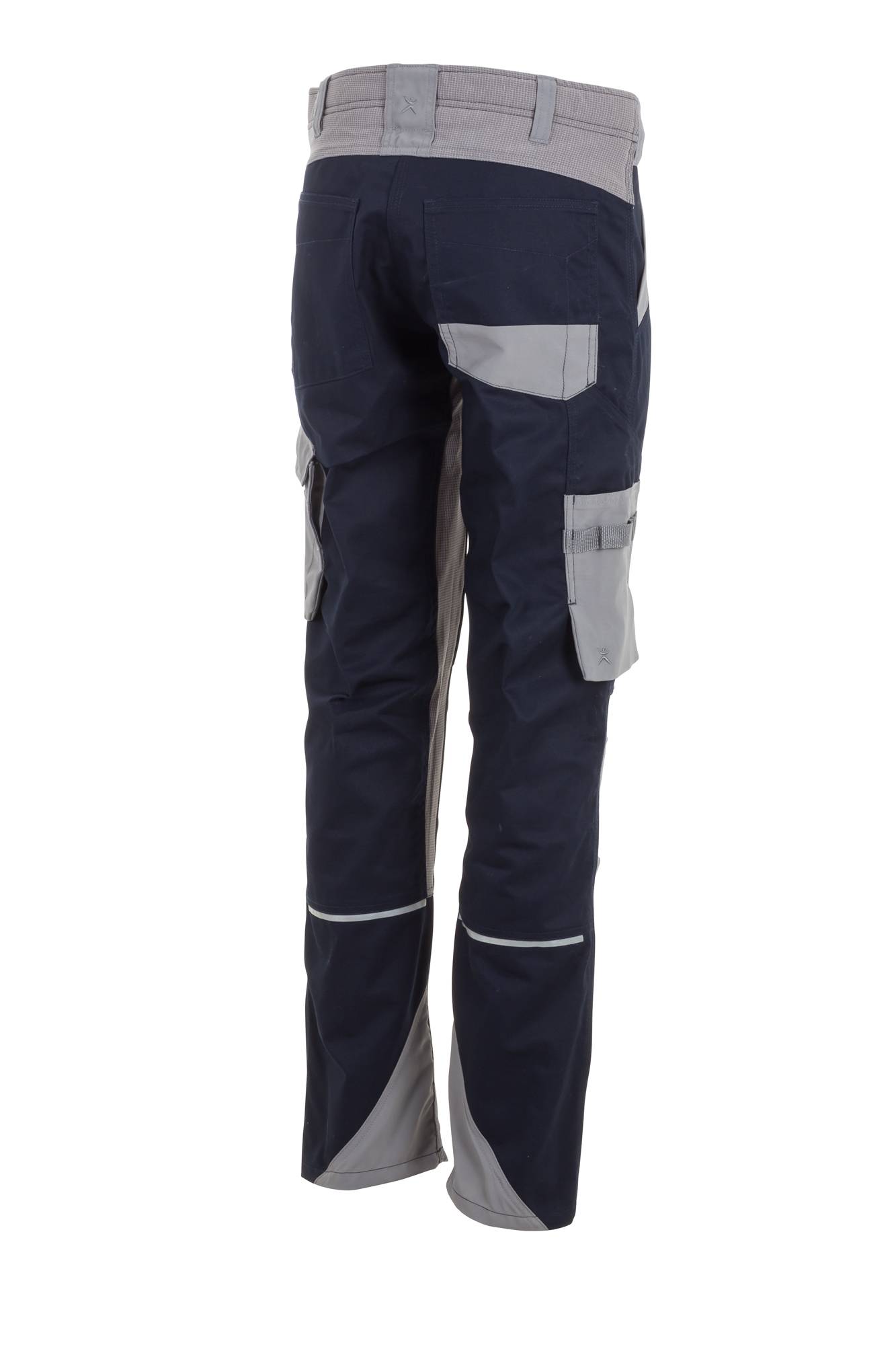 Marineblaue und graue Arbeitshosen mit seitlichen Taschen, von hinten betrachtet.