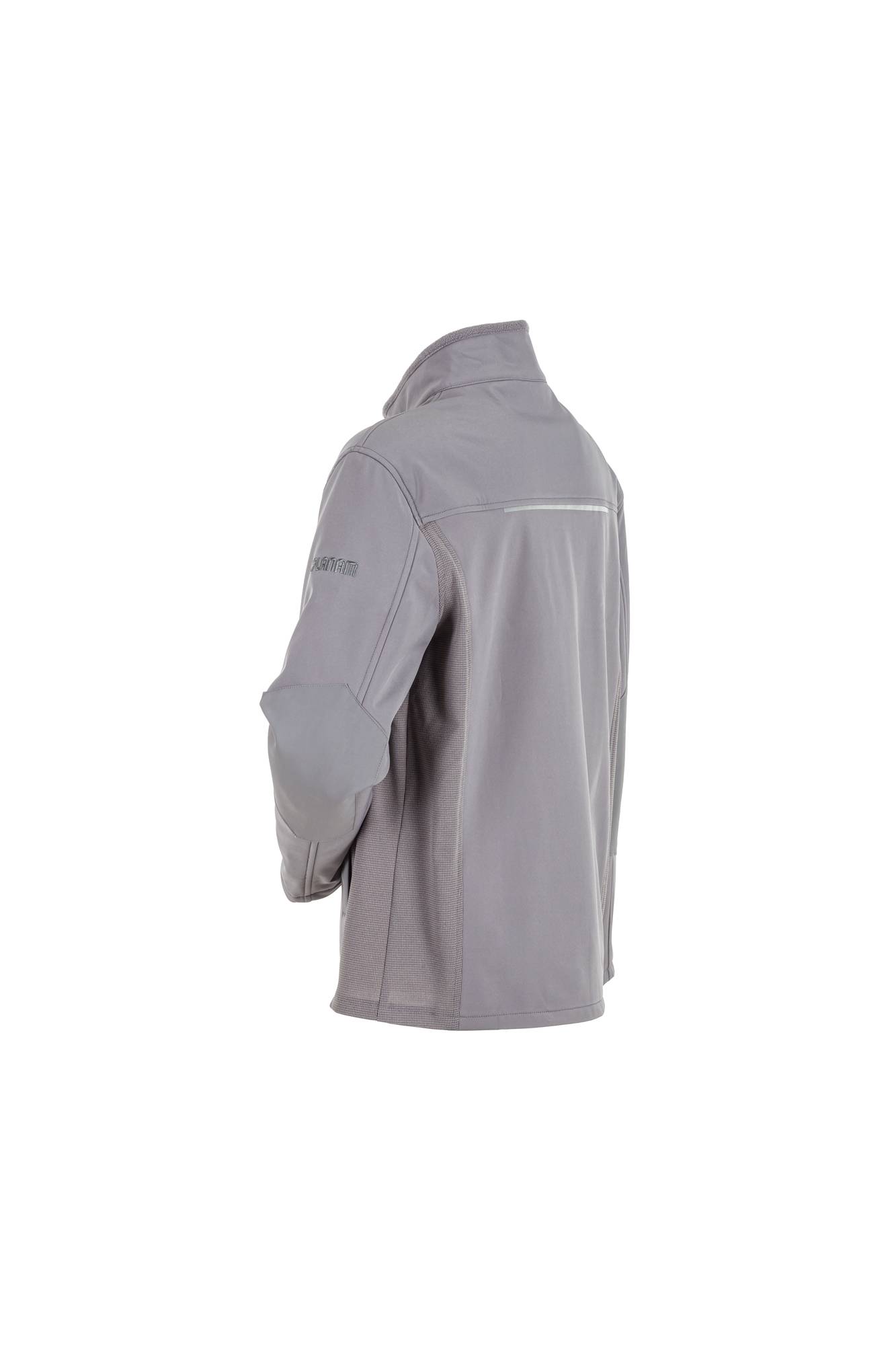 Eine hellgraue Jacke von hinten gezeigt, mit langen Ärmeln und einem kleinen Logo auf der linken Schulter.