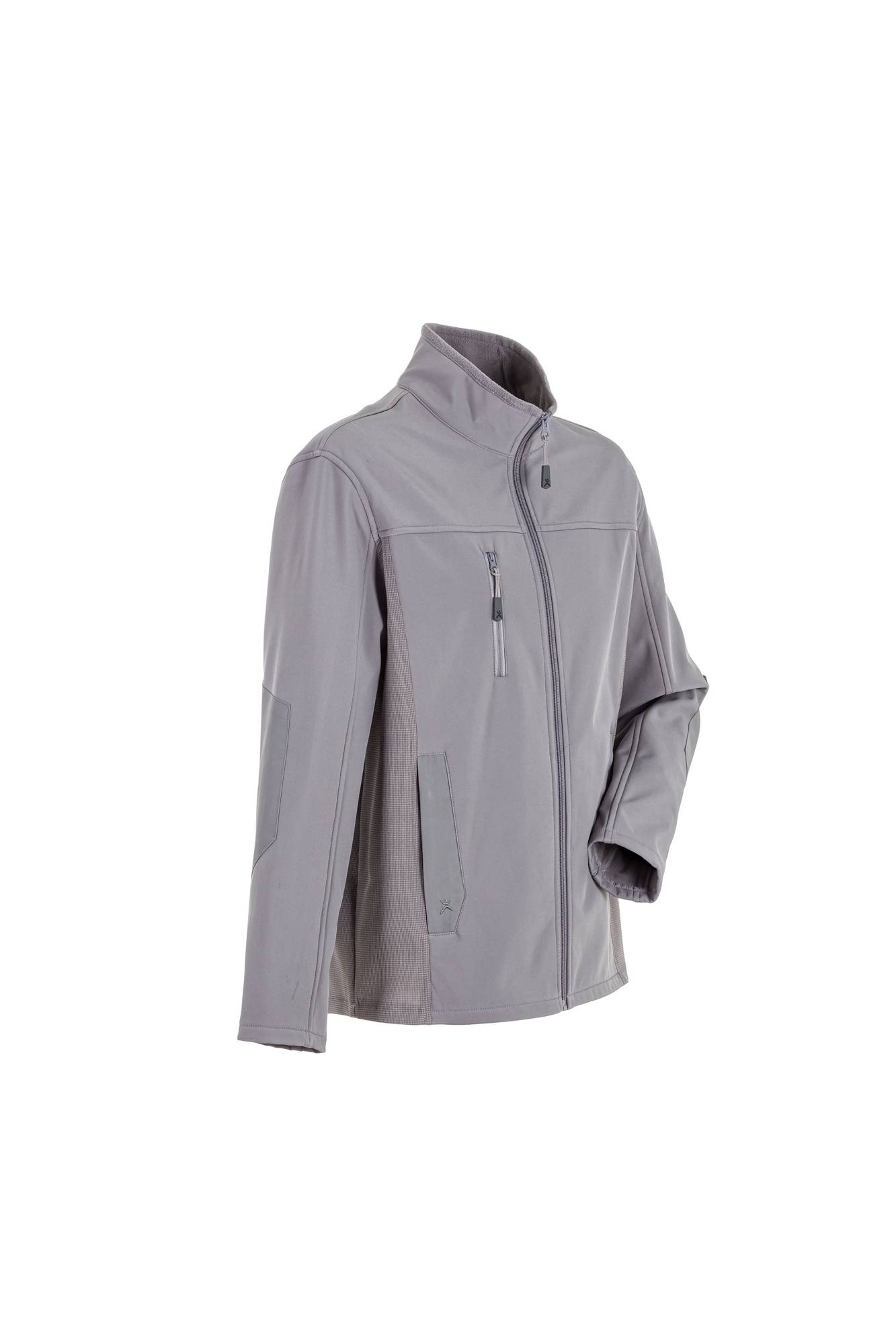 Eine hellgraue, langärmelige Jacke mit hohem Kragen, von vorne gezeigt. Sie verfügt über einen Reißverschluss vorne und Taschen an jeder Seite.