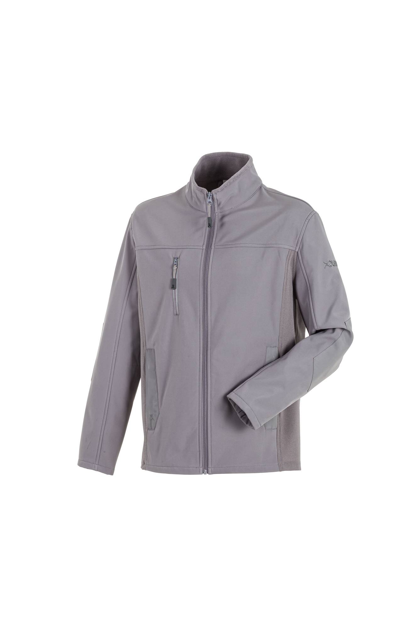 Eine graue, langärmelige Outdoorjacke mit stehkragen, Reißverschluss und mehreren Reißverschlusstaschen, geeignet für kühles Wetter.