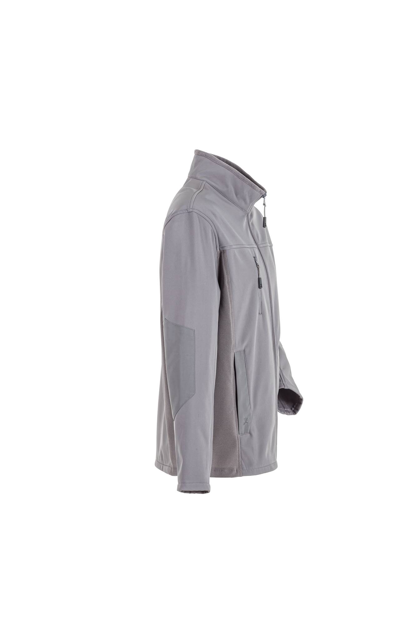 Eine hellgraue Jacke mit hohem Kragen, in Seitenansicht, mit einem Reißverschluss und zwei Reißverschlusstaschen, für den Outdoor-Einsatz konzipiert.