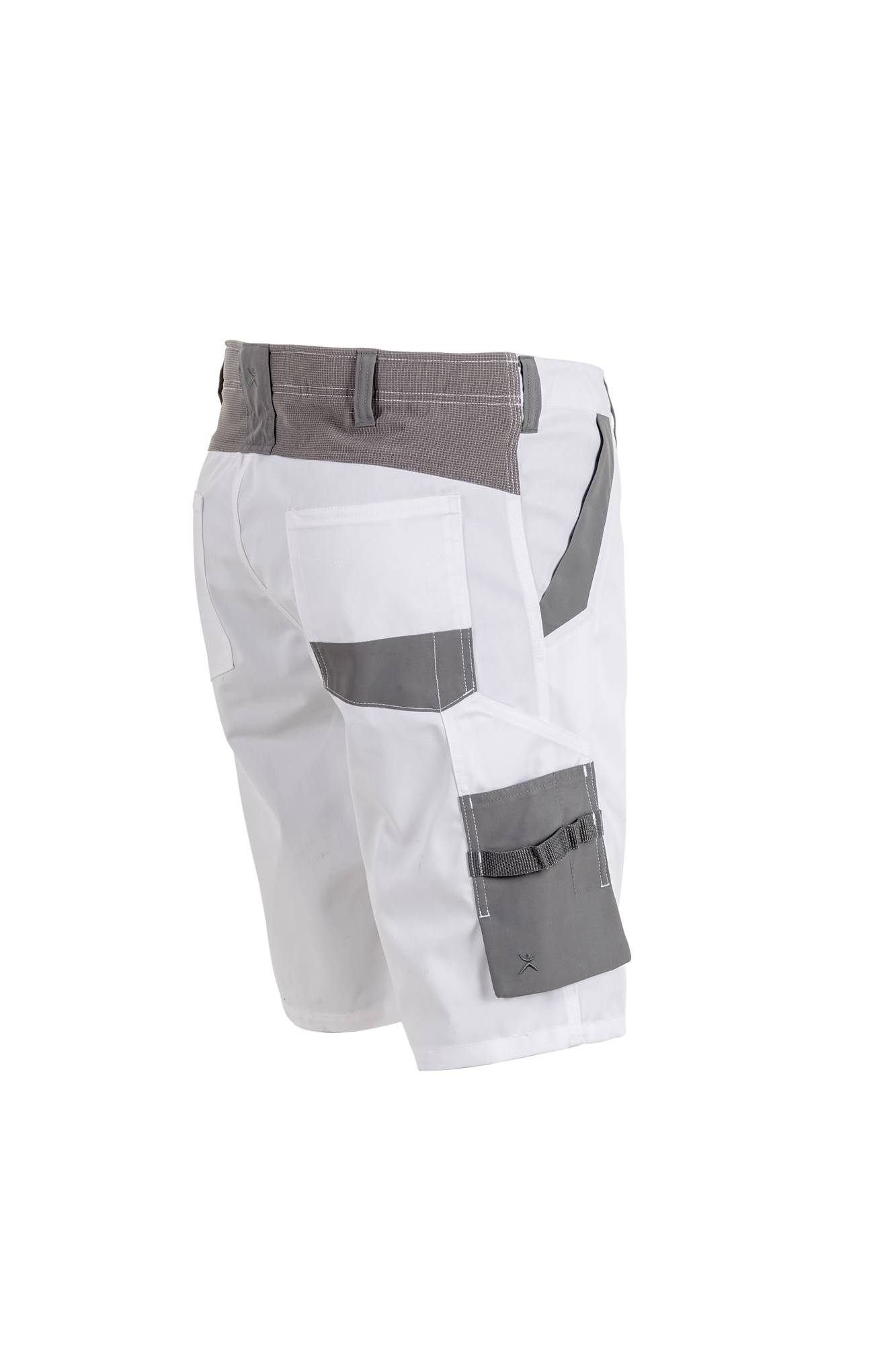 Weiße Arbeitsshorts mit grauen Akzenten und mehreren Taschen, einschließlich einer Seitentasche für Werkzeuge.