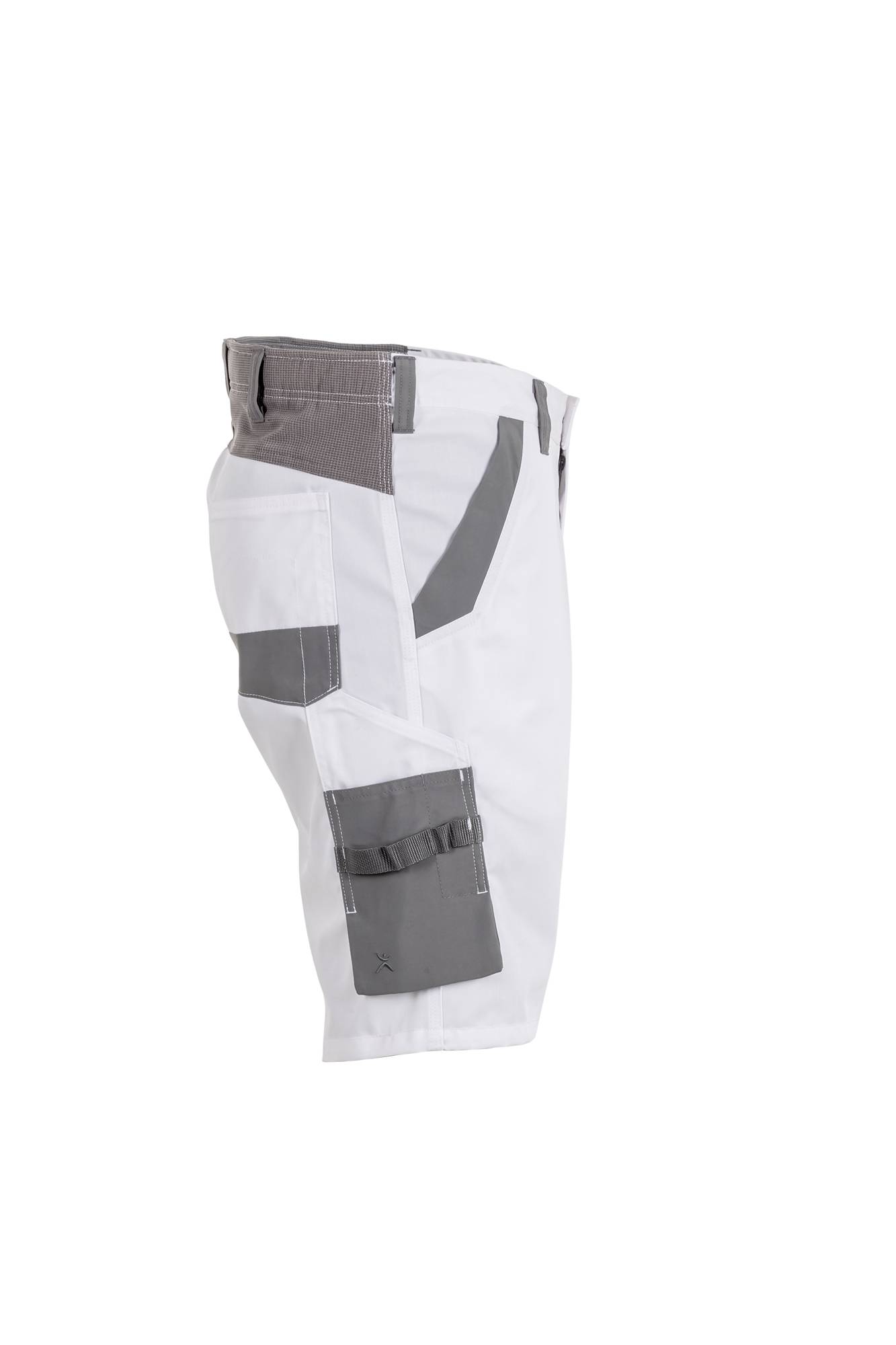 Weiße Arbeitsshorts mit grauen Akzenten, mehrere Werkzeugtaschen an den Seiten, entwickelt für Funktionalität und Komfort in Arbeitssituationen.