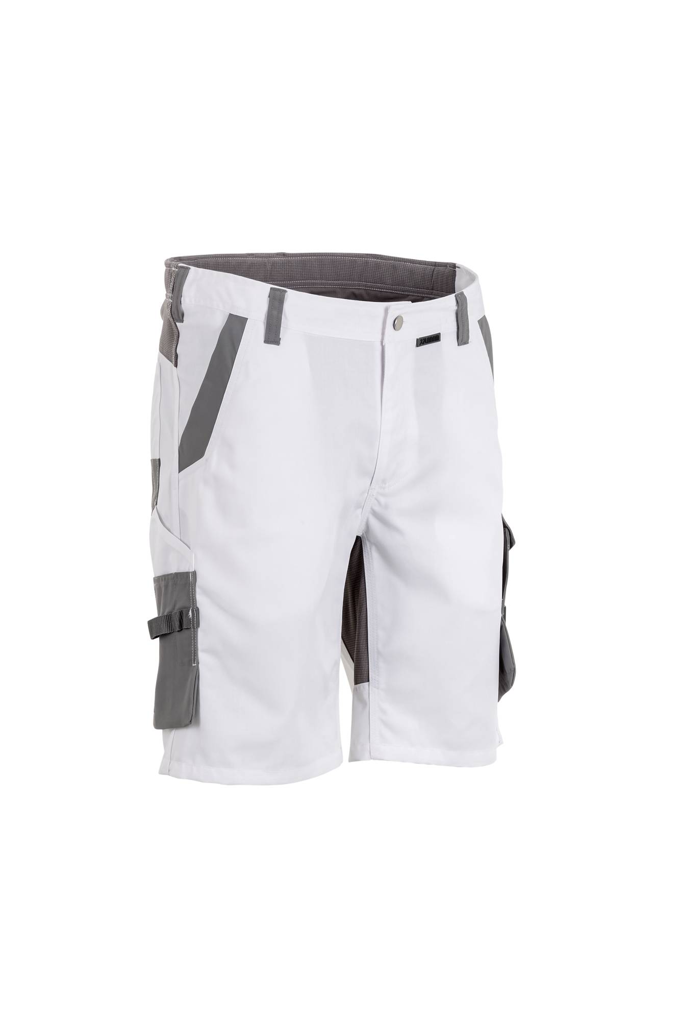 Weiße Shorts mit grauen Akzenten, ausgestattet mit seitlichen Taschen und Gürtelschlaufen, geeignet für lässige Anlässe.