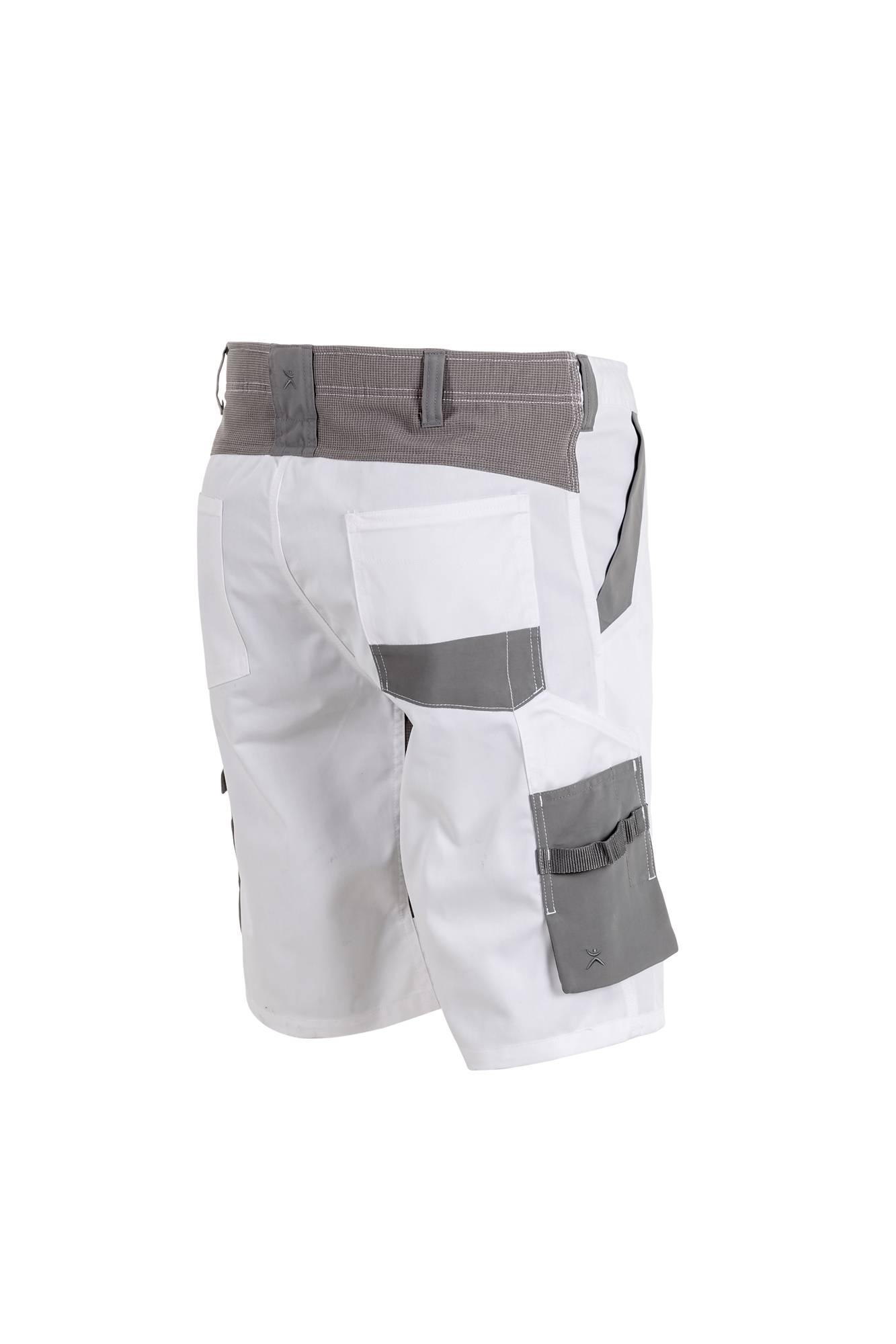 Weiße Arbeitsshorts mit grauen Akzenten, mit mehreren Taschen und verstärkten Nähten, von hinten gezeigt.