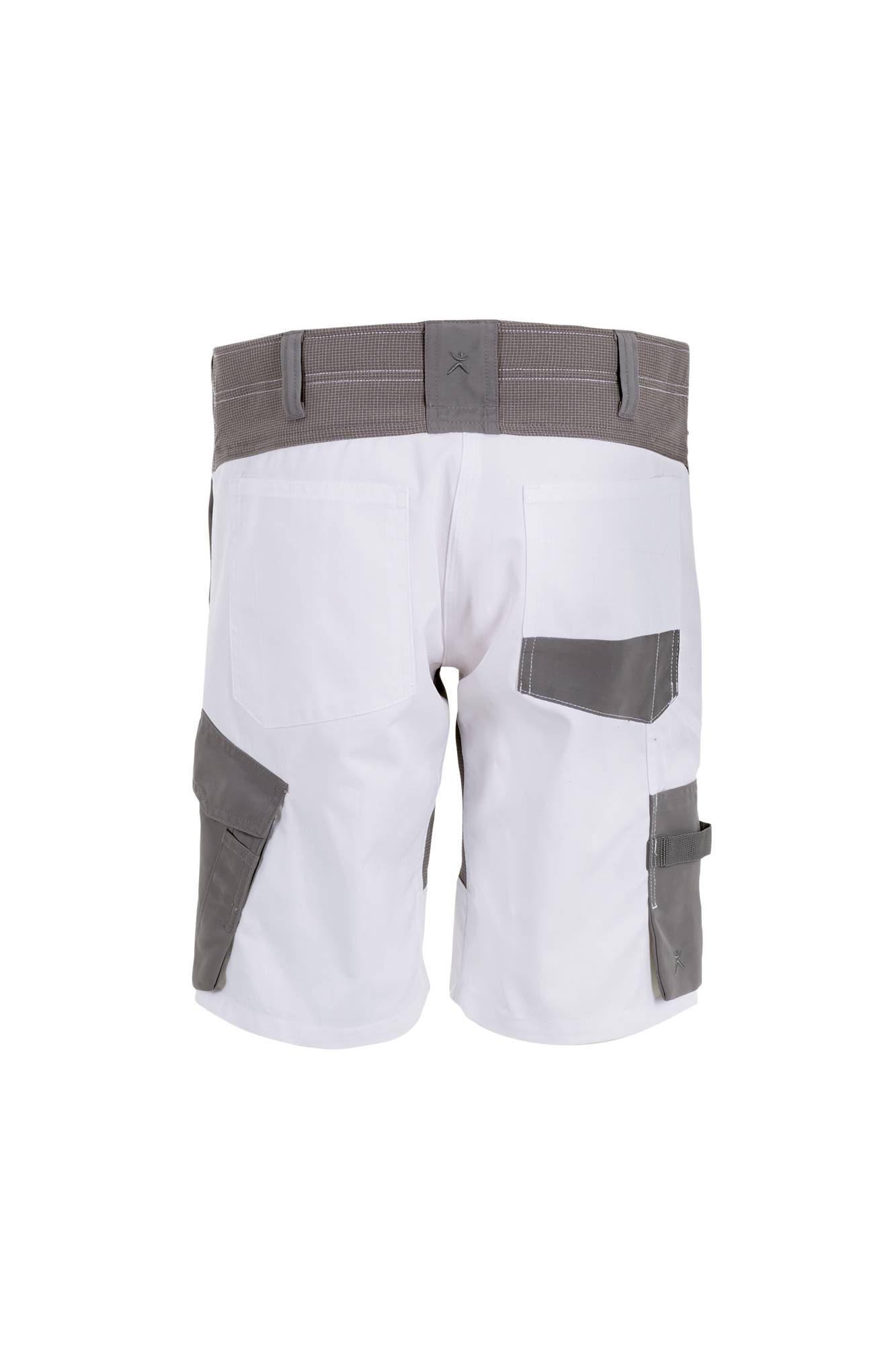 Das Bild zeigt weiße Utility-Shorts mit grauen Akzentflächen und mehreren Taschen, von hinten betrachtet, geeignet für funktionale Bekleidung.