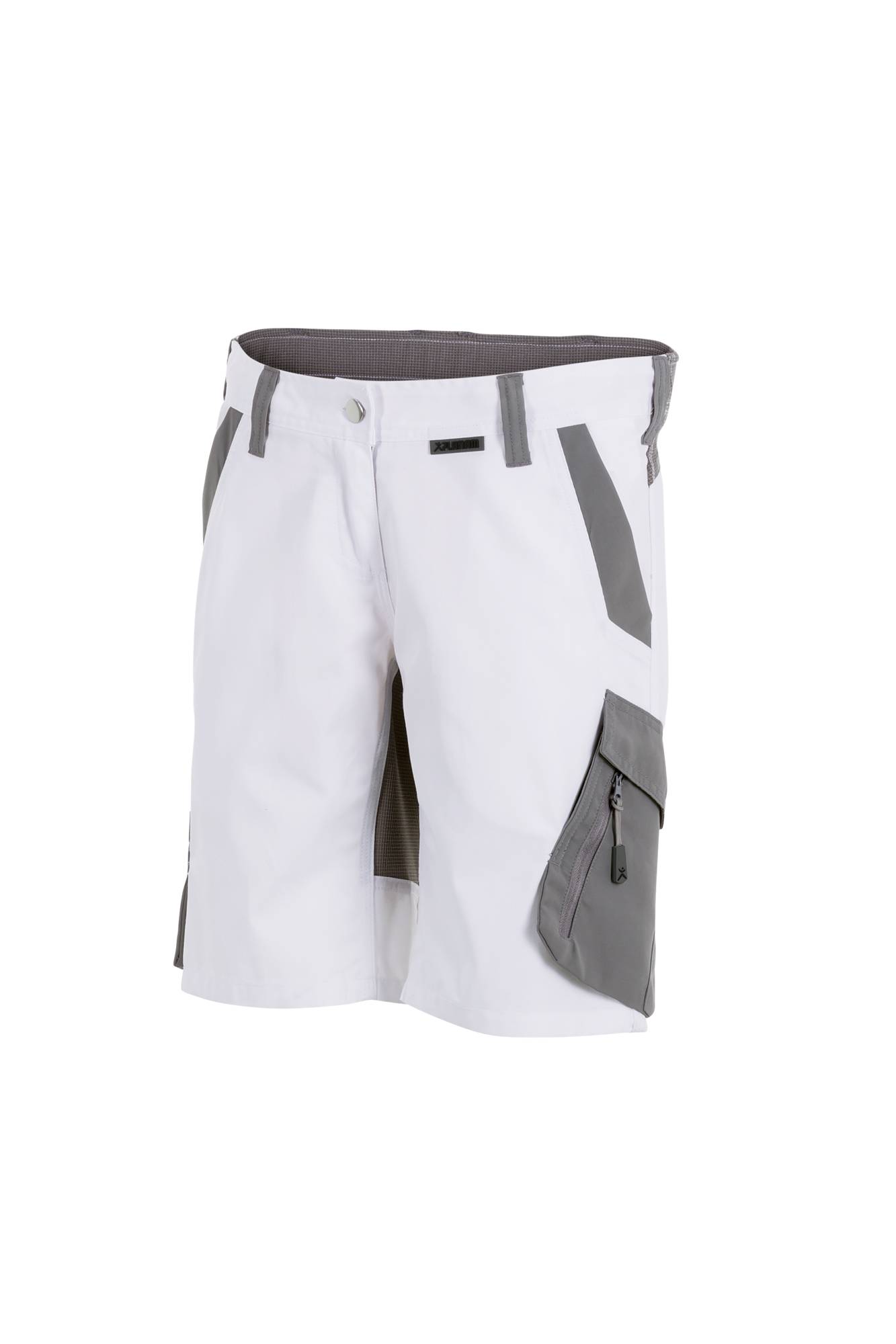 Weiße Cargo-Shorts mit grauen Akzenten und einer seitlichen Tasche mit Reißverschluss.