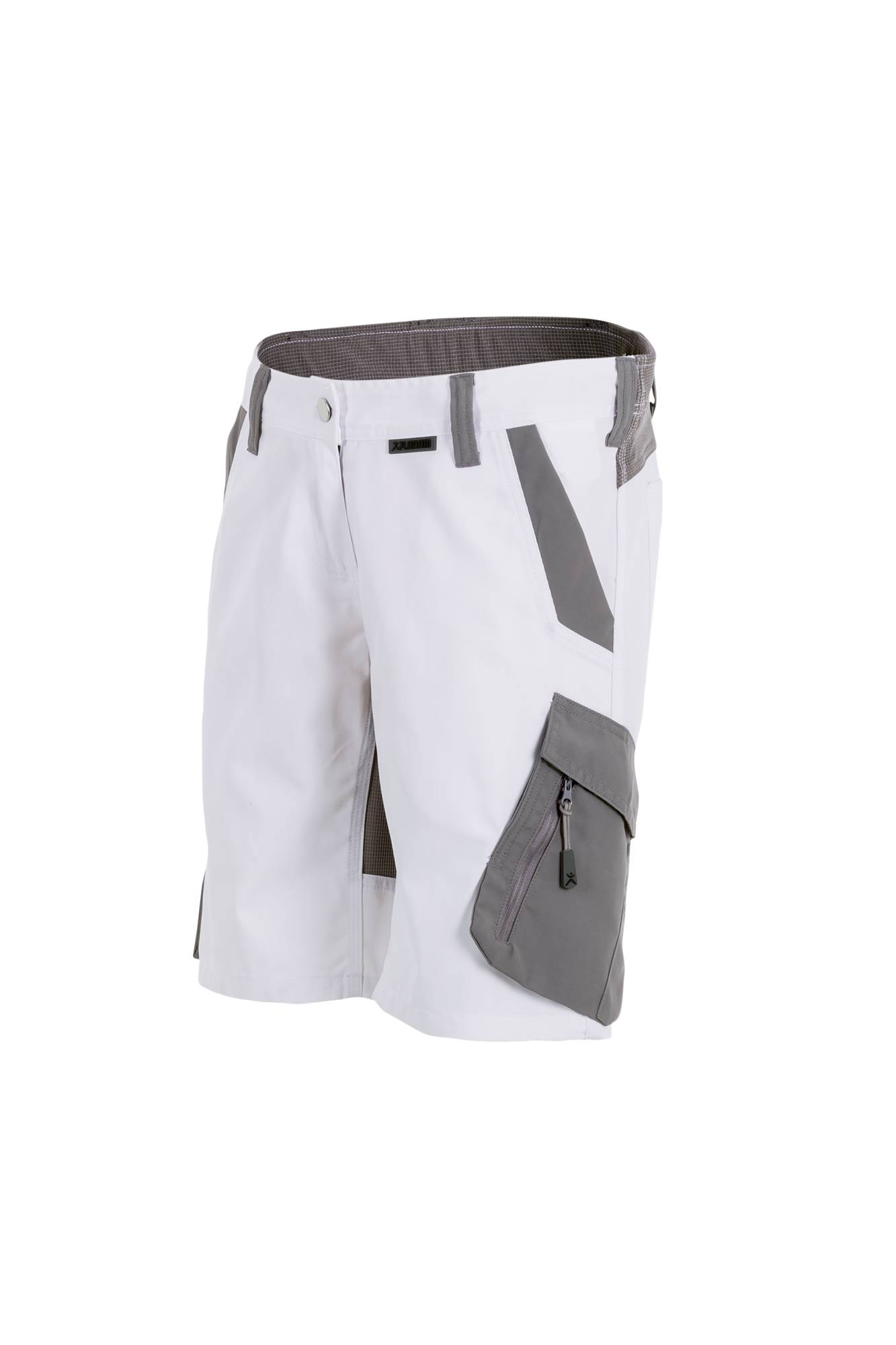 Weiße Cargo-Shorts mit grauen Taschen und einem Reißverschluss, ausgestattet mit Gürtelschlaufen und Knopfverschluss, präsentiert vor einem schlichten weißen Hintergrund.