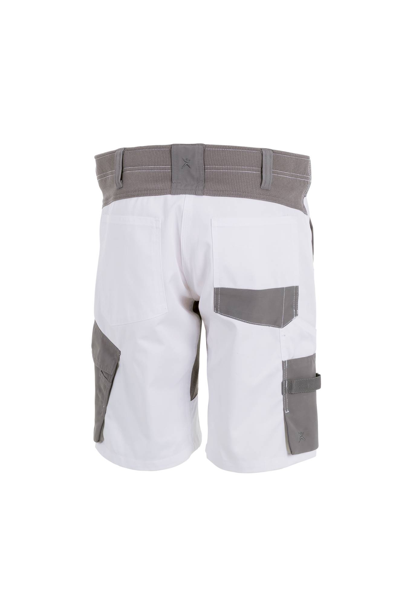 Weiße Shorts mit grauen Taschen und einem gerippten Bund. Zu den Eigenschaften gehören mehrere Taschen an den Seiten und hinten, die für Funktionalität konzipiert sind.