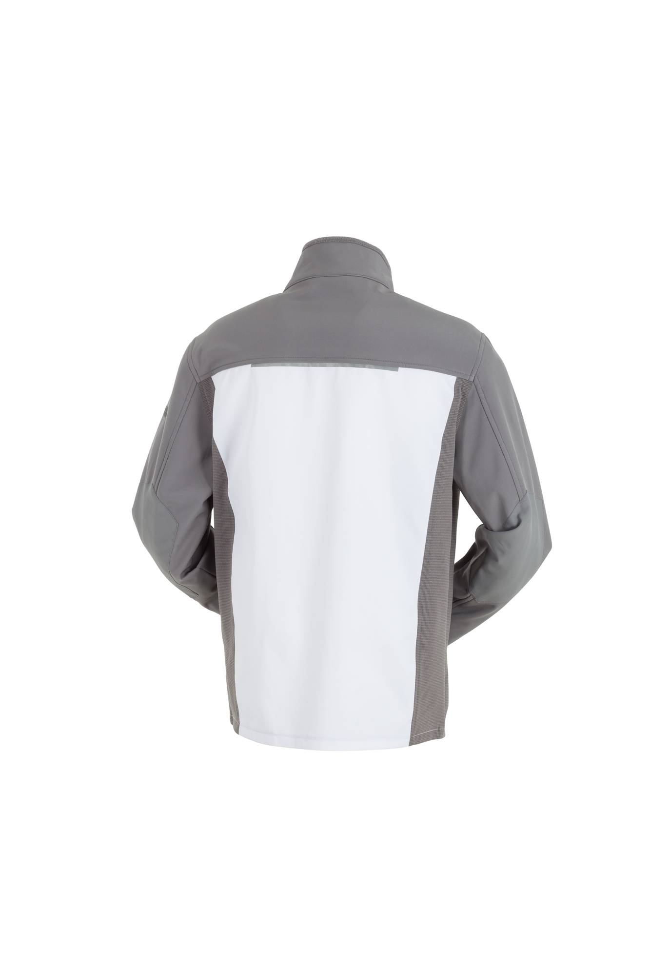 Eine graue und weiße Jacke, von hinten betrachtet, mit langen Ärmeln und einem hohen Kragen.