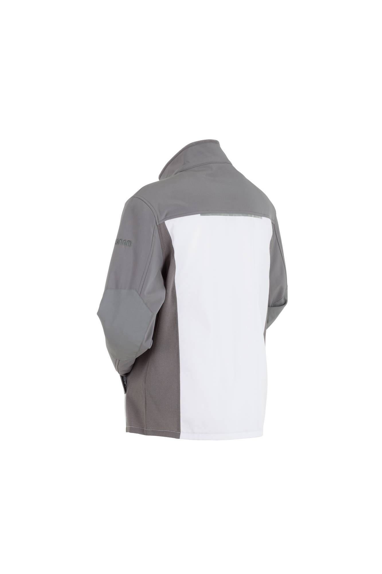 Graue und weiße Jacke mit hohem Kragen, versehen mit langen Ärmeln und einem Farbblockdesign.