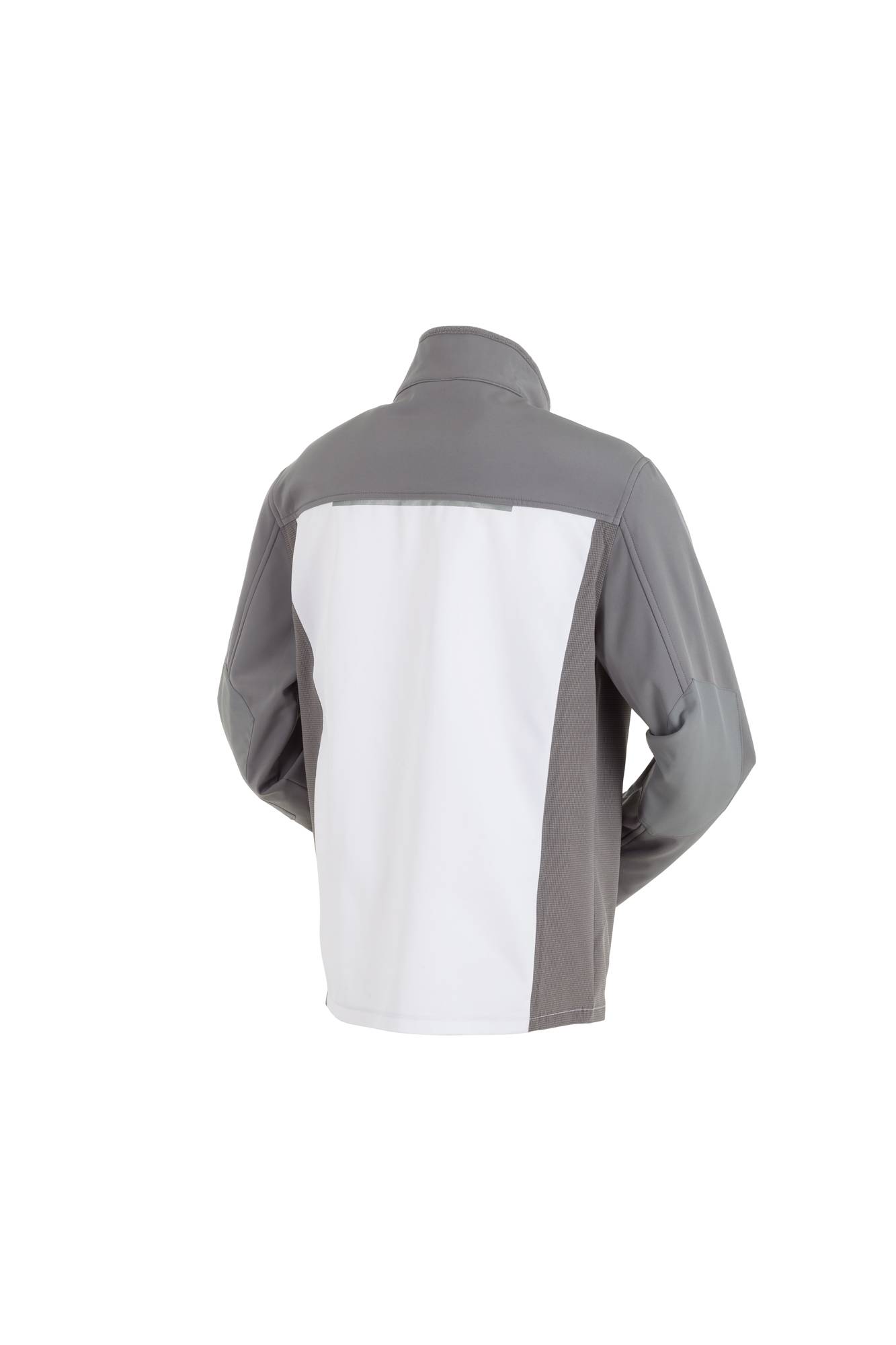 Eine graue und weiße Jacke, von hinten gezeigt, mit hohem Kragen und langen Ärmeln. Das Design umfasst eine zentrale weiße Blende.