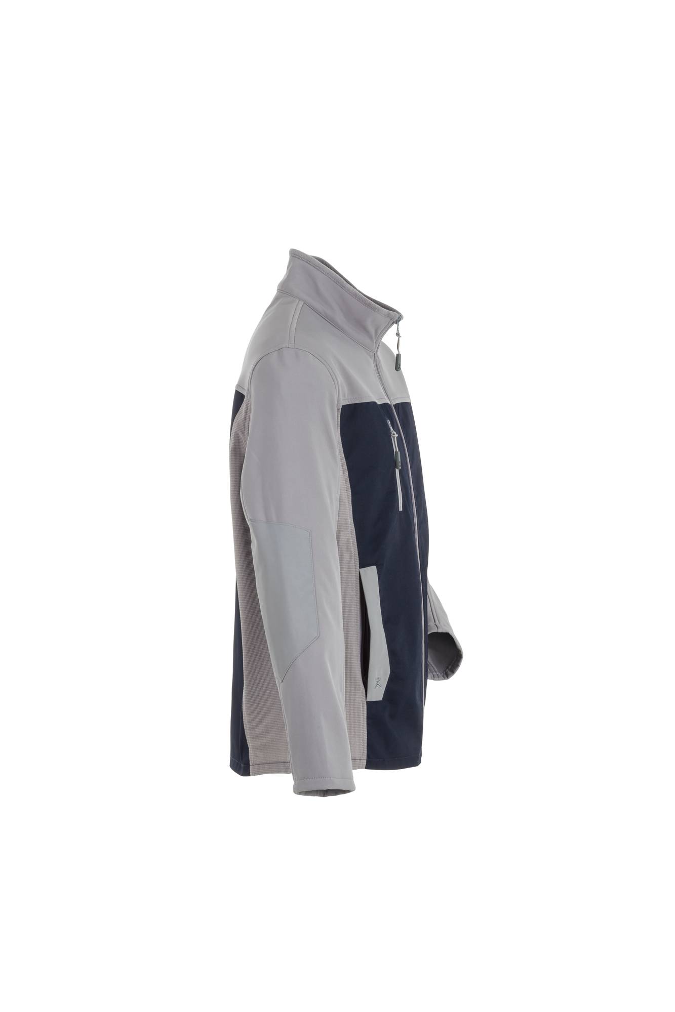 Eine graue und marineblaue Jacke mit hohem Kragen und Reißverschlusstaschen wird vor einem weißen Hintergrund in Seitenansicht präsentiert.