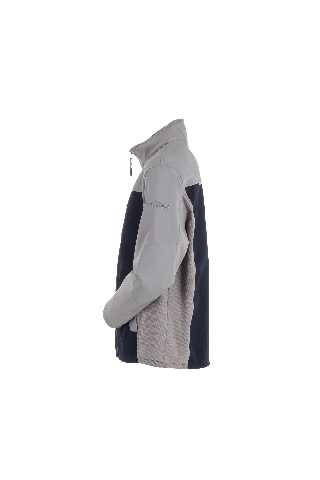 Eine zweifarbige graue und schwarze Jacke wird von der Seite präsentiert und zeigt ihre langen Ärmel und den hohen Kragen.