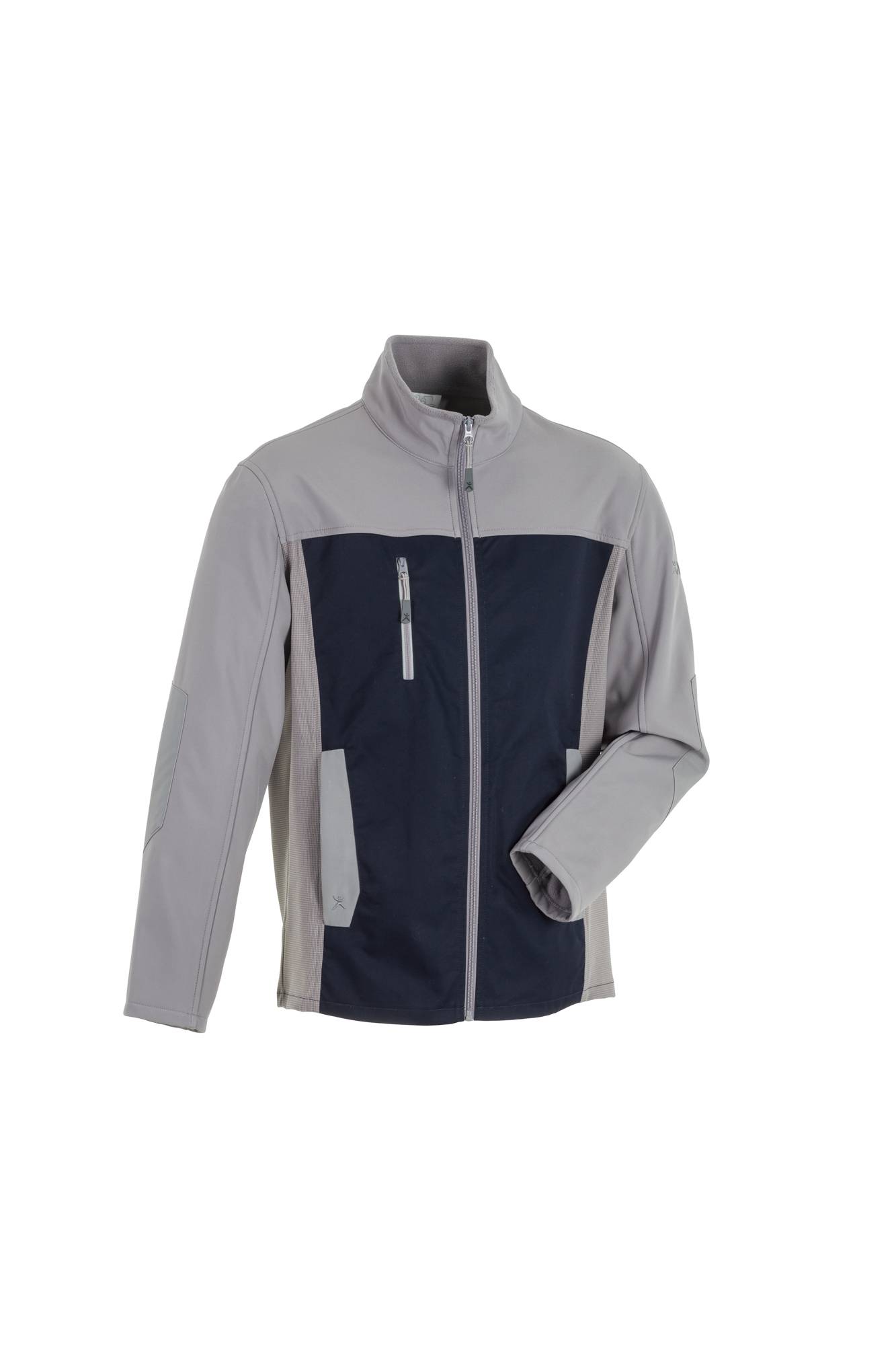 Eine graue und marineblau-farbene Langarmjacke mit hohem Kragen und Reißverschluss, ausgestattet mit einer Brusttasche und zwei Seitentaschen.