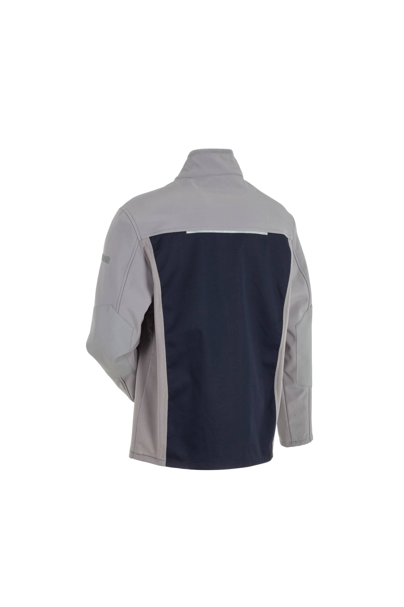 Eine zweifarbige Jacke, von hinten gesehen, mit einem dunklen Mittelpanel und hellgrauen Ärmeln und Seiten, die einen stilvollen Kontrast erzeugen.