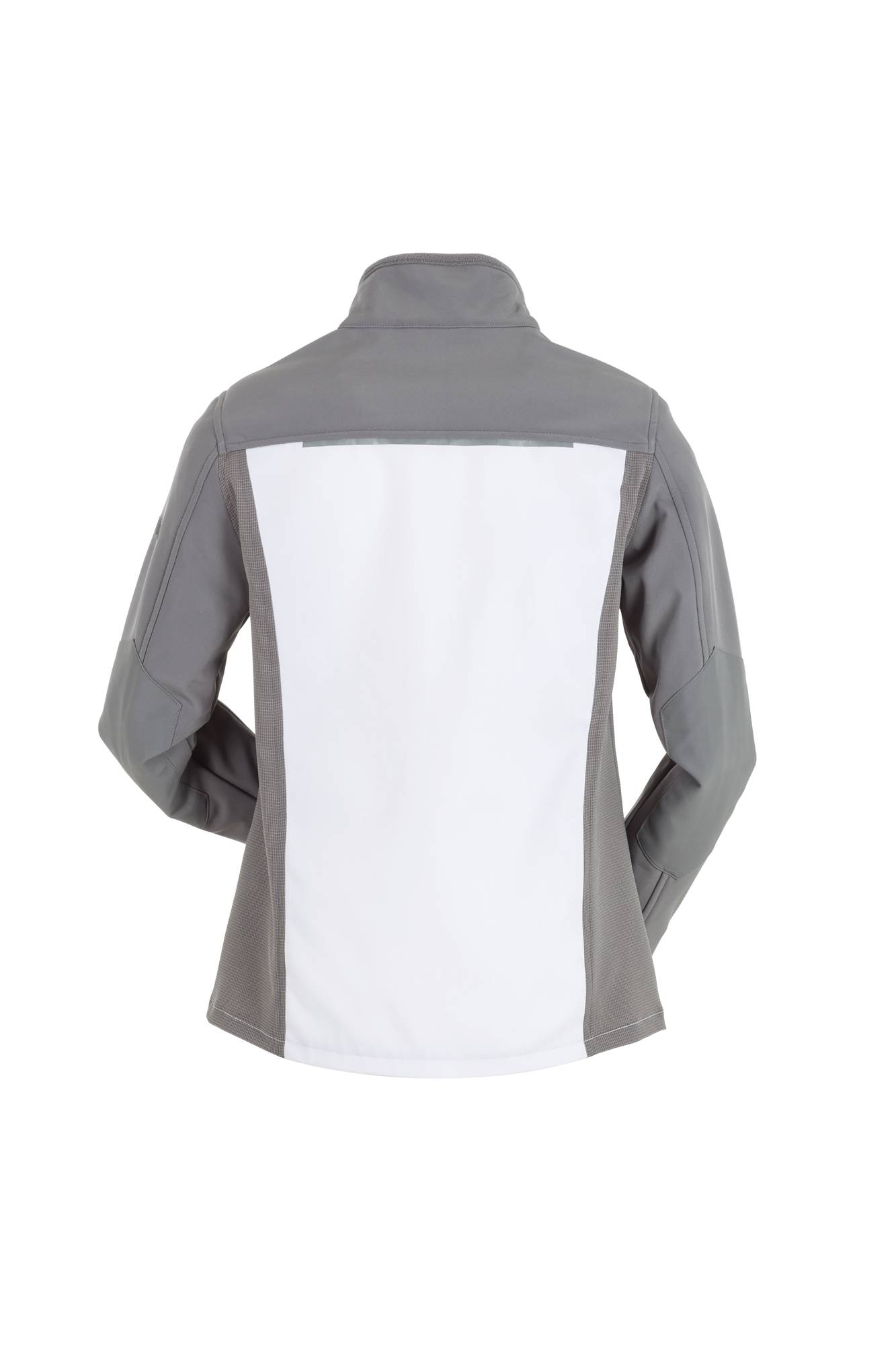 Das Bild zeigt die Rückseite einer zweifarbigen Jacke mit hohem Kragen, die graue Ärmel und seitliche Einsätze sowie ein weißes zentrales Rückenpanel aufweist.
