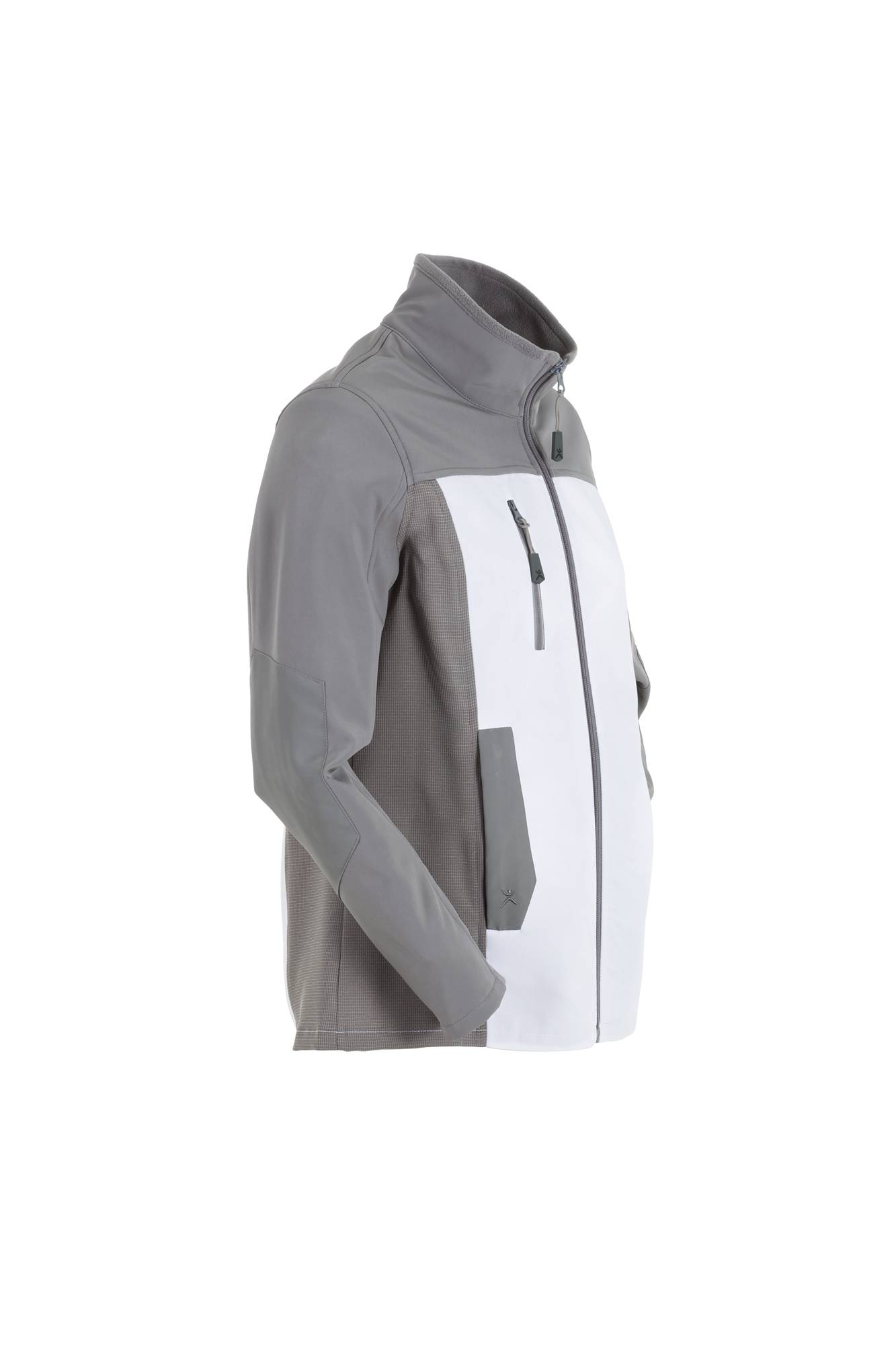 Eine zweifarbige Jacke in Grau und Weiß mit Reißverschluss vorne und seitlichen Taschen, konzipiert für Freizeit- oder Sportbekleidung.