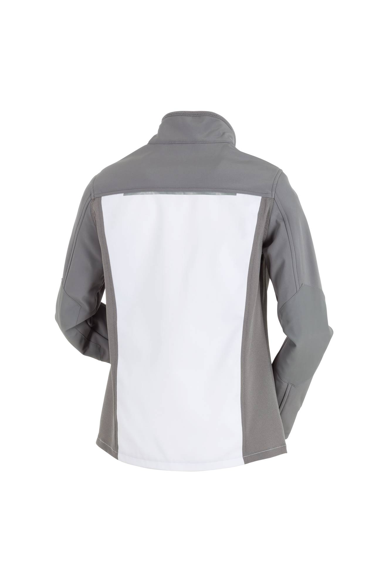 Eine graue und weiße Jacke, von hinten gesehen, mit langen Ärmeln und hohem Kragen.