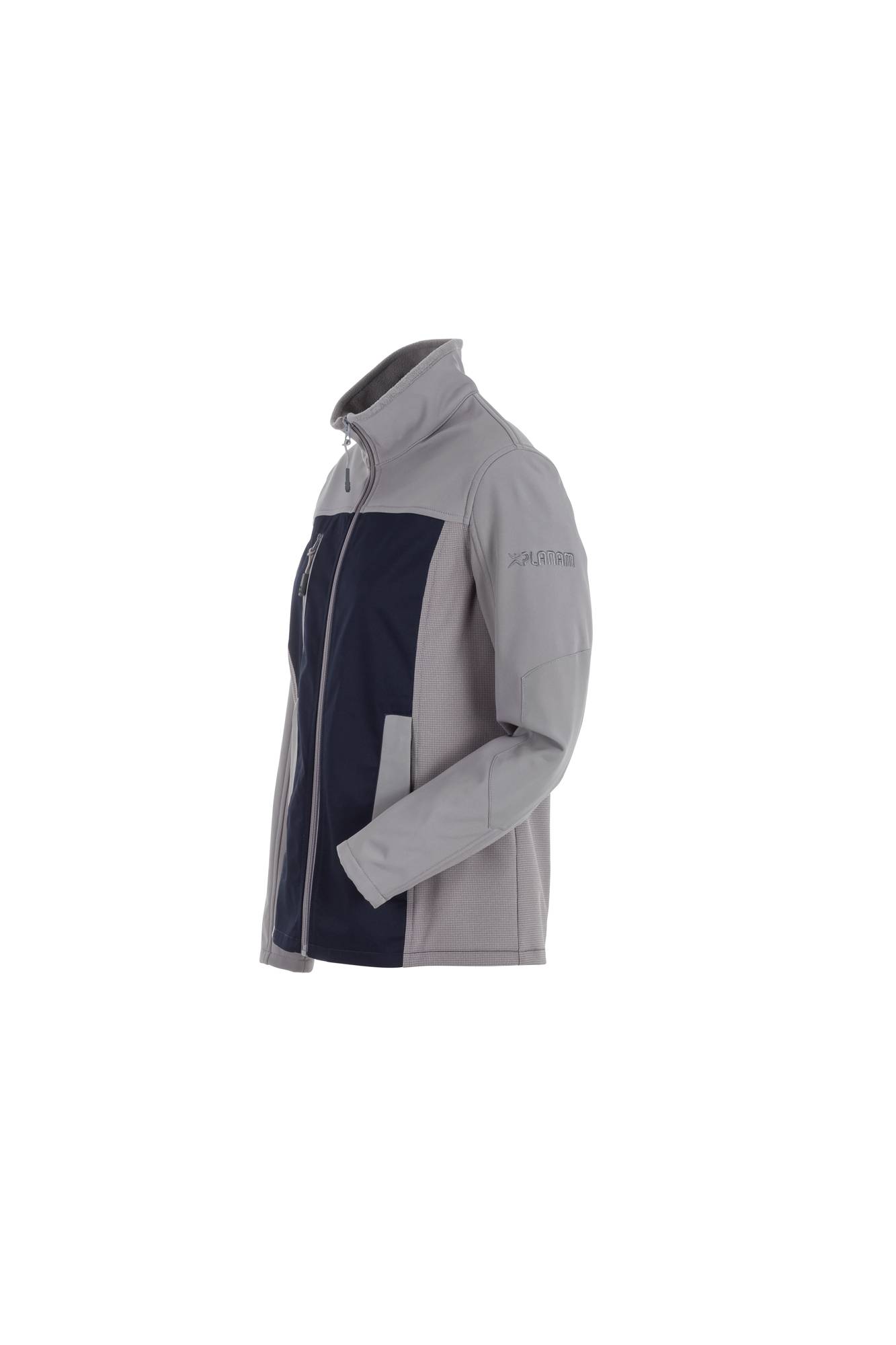 Eine zweifarbige Jacke mit hellgrauen Ärmeln und marineblauem Körper, aufrecht präsentiert mit sichtbarem Frontreißverschluss und hohem Kragen.