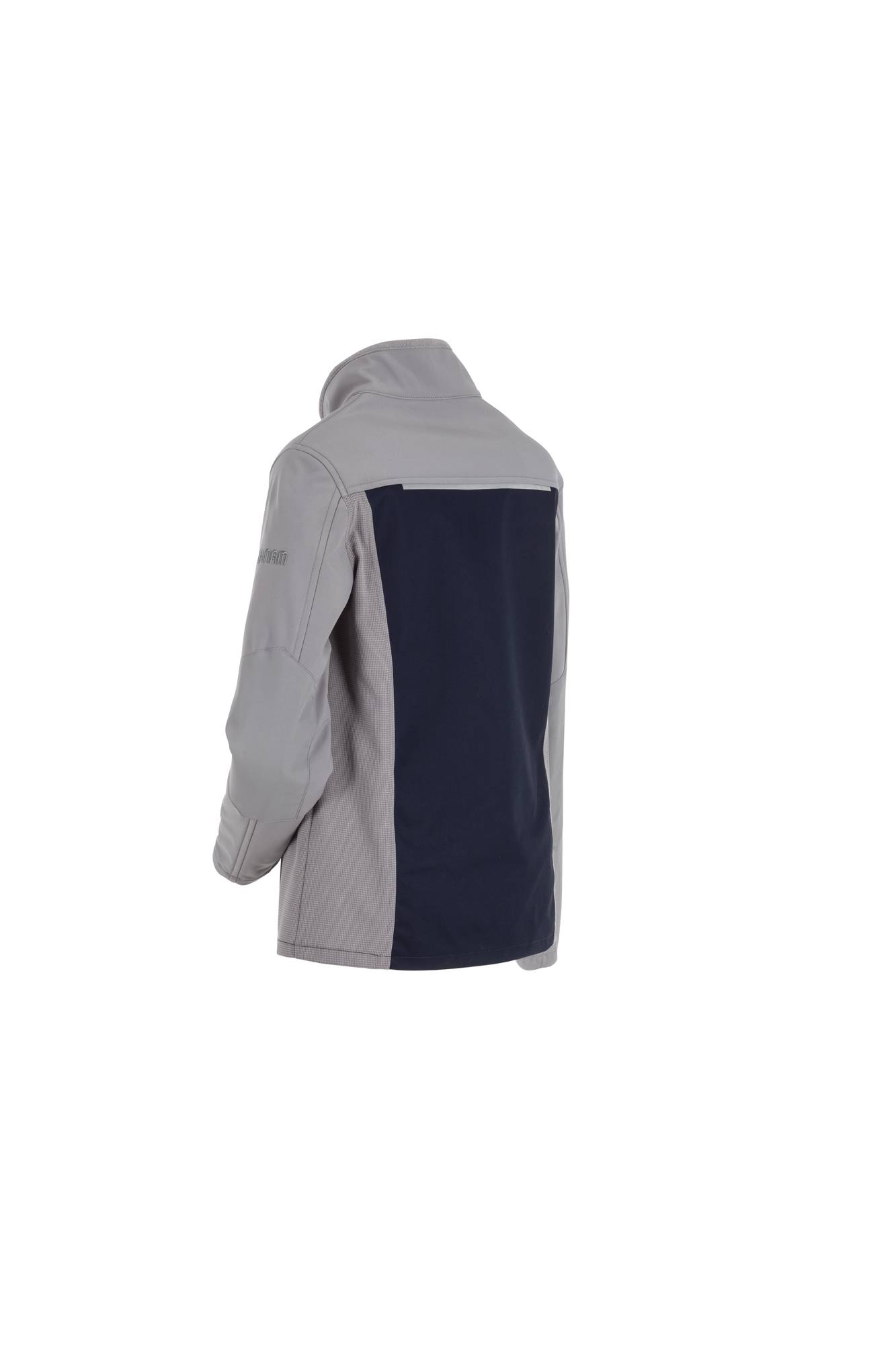 Eine zweifarbige Jacke mit hellgrauen Ärmeln und einem dunkelblauen Rückenteil, die auf einem weißen Hintergrund präsentiert wird.