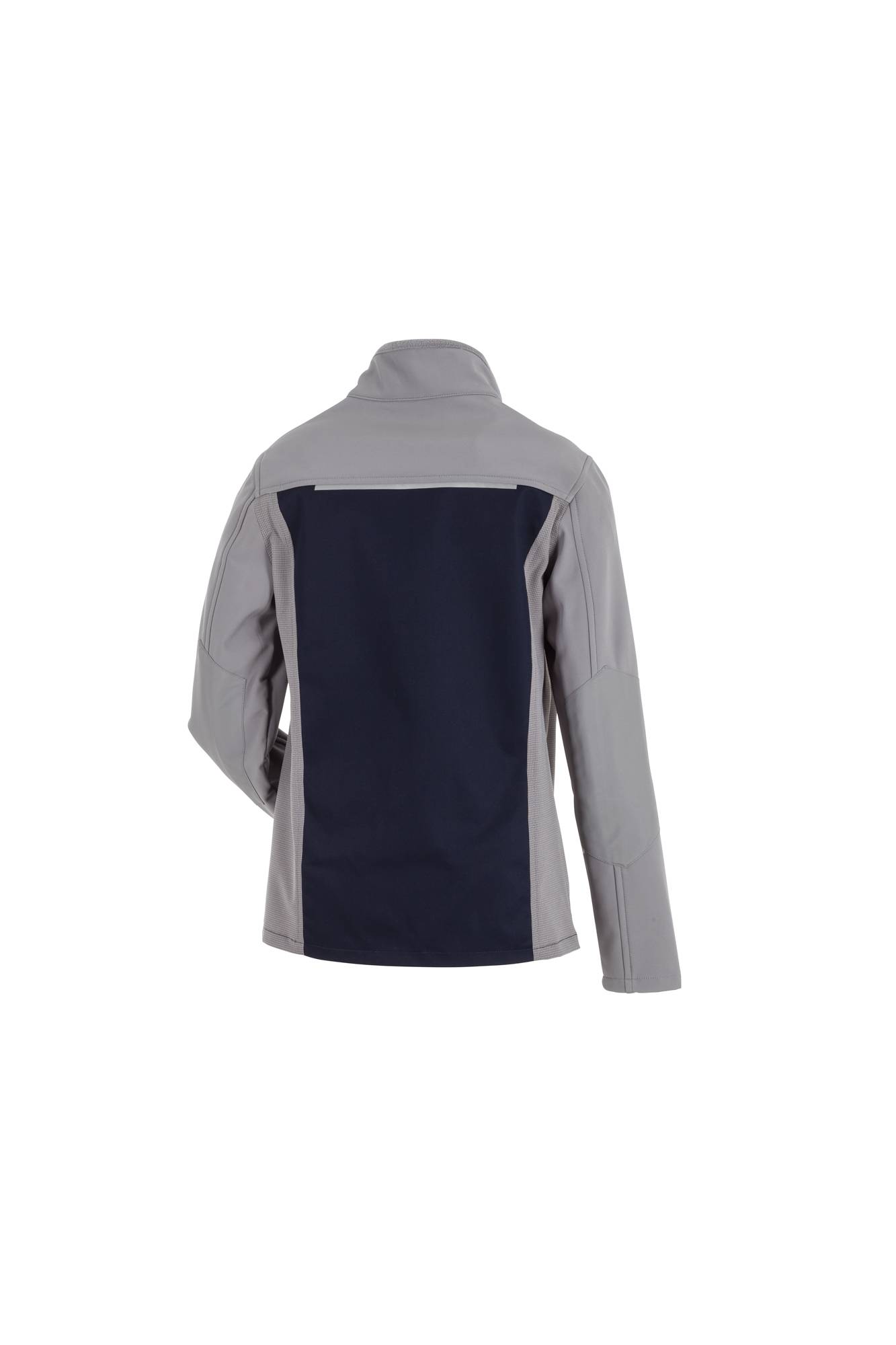 Eine graue und marineblau Jacke, von hinten gezeigt, mit langen Ärmeln und einem hohen Kragen.