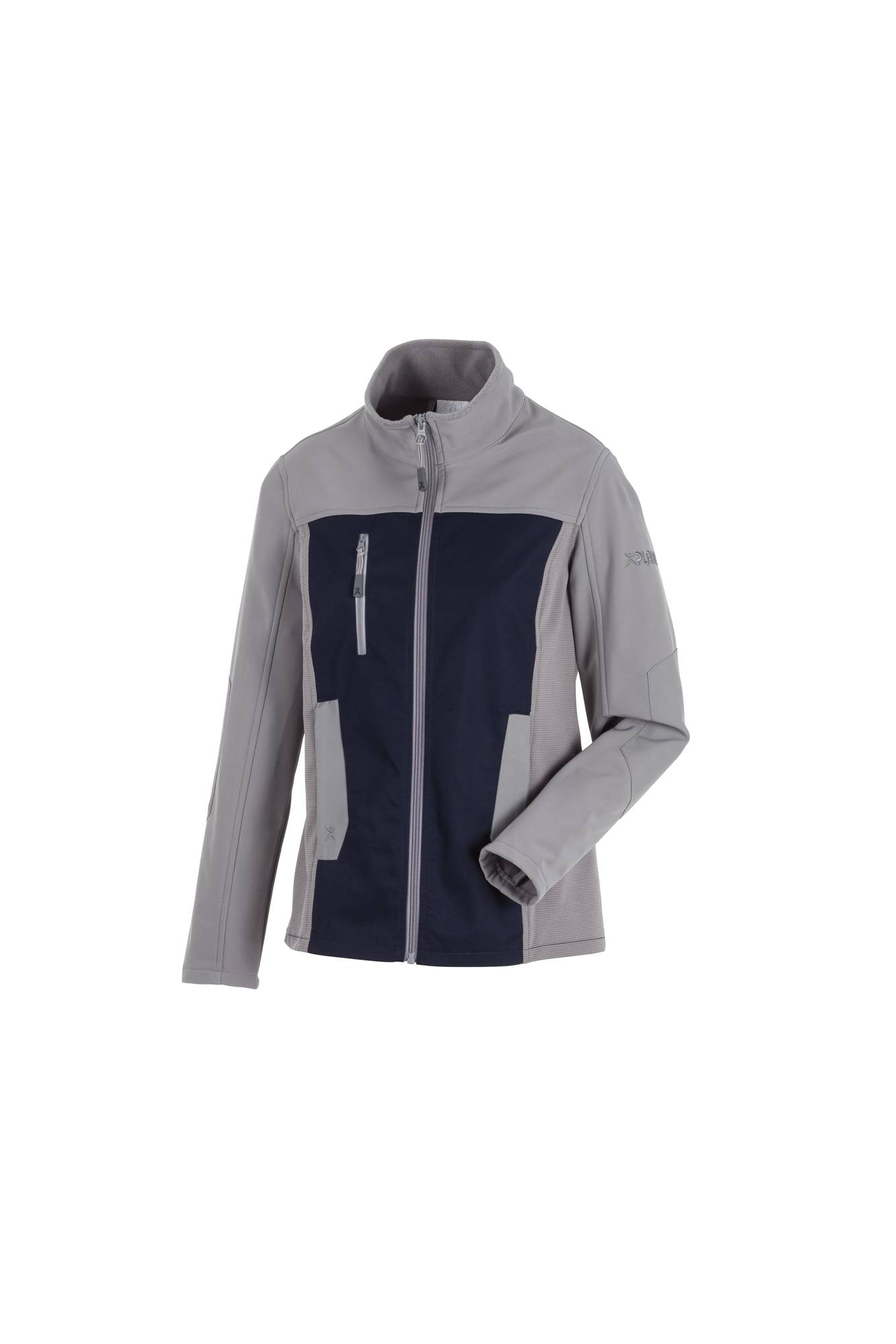 Eine graue und marineblau melierte Sweatjacke mit hohem Kragen, ausgestattet mit Reißverschlusstaschen vorne und einem dezenten Logo auf dem Ärmel.