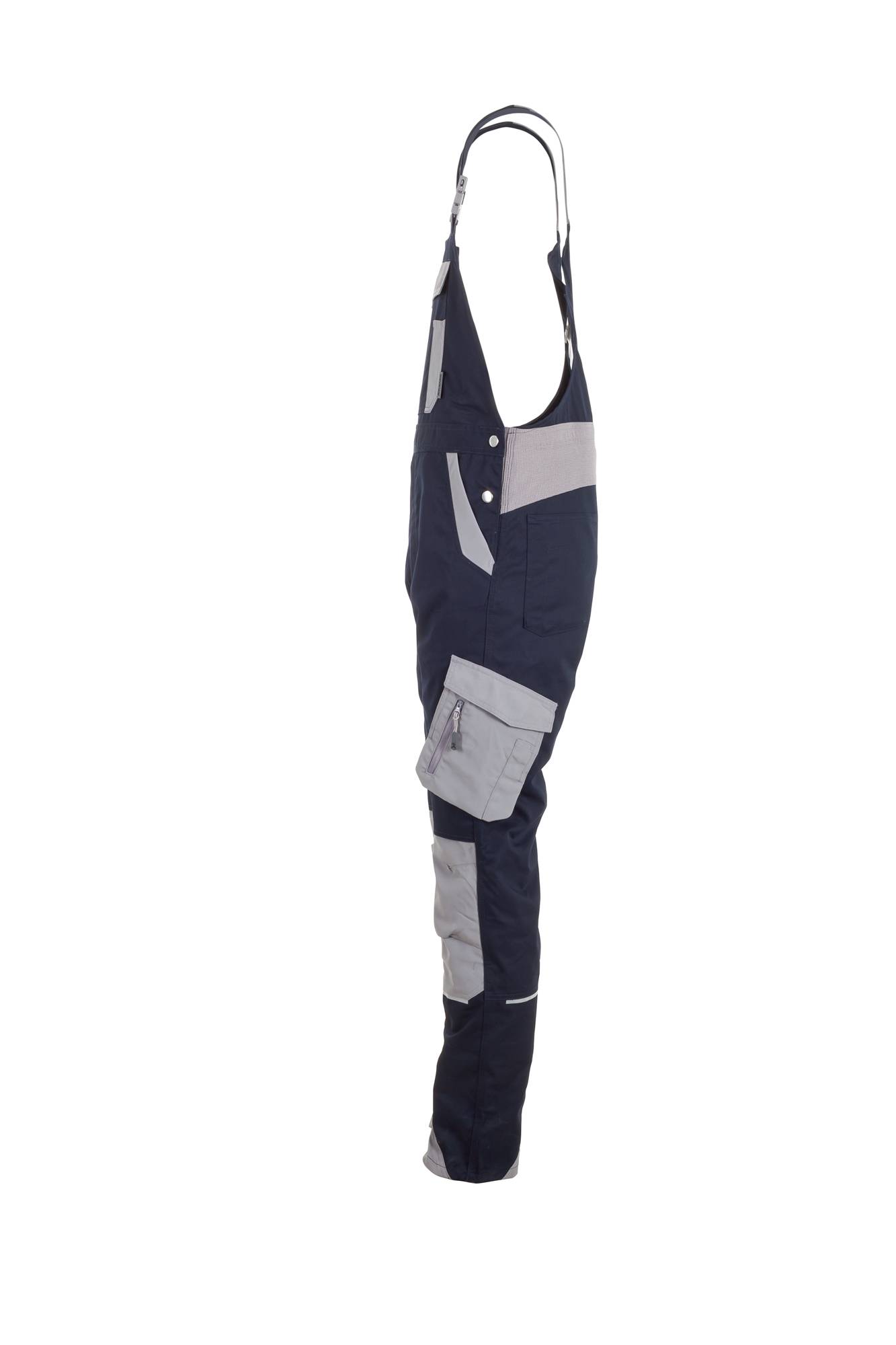 Dunkelblaue Arbeitsoveralls mit hellgrauen Einsätzen, Taschen und verstellbaren Schulterträgern, entwickelt für Langlebigkeit und Funktionalität.