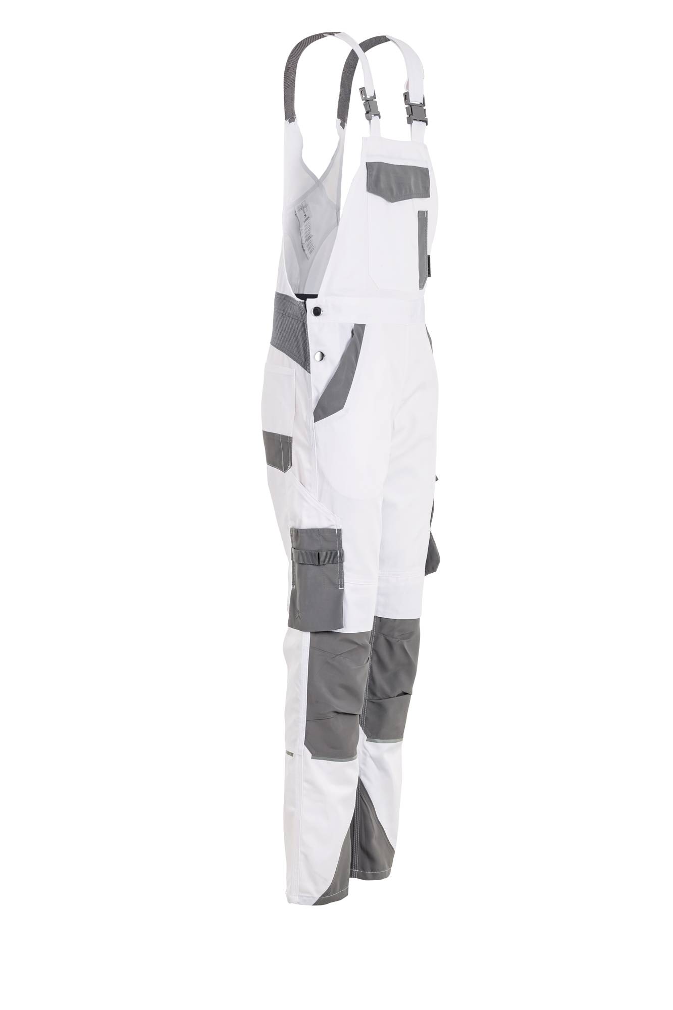 Weiße und graue Arbeitslatzhosen mit mehreren Taschen werden auf einem einfarbigen Hintergrund präsentiert.