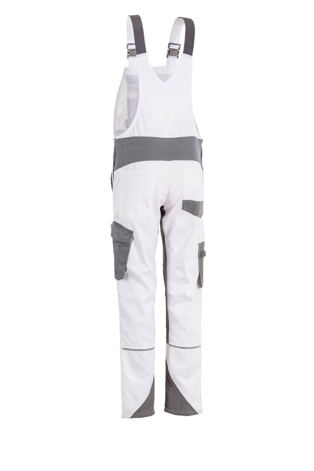 Weiße Malerlatzhose mit grauen Akzenten, ausgestattet mit mehreren Taschen und einer Schlaufe für Werkzeuge.