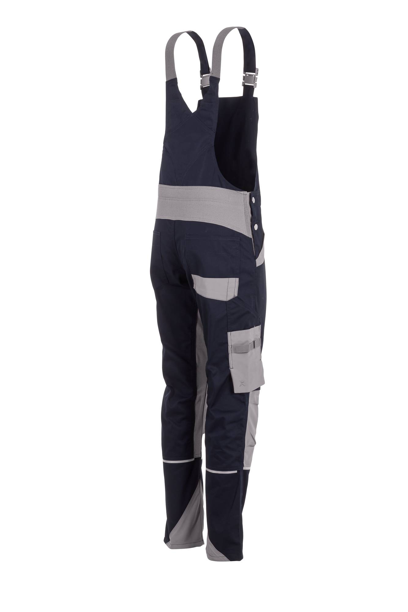 Marineblaue und graue Arbeitsoveralls mit Utility-Charakter, multiplen Taschen, verstärkten Knieabschnitten und verstellbaren Schultergurten.