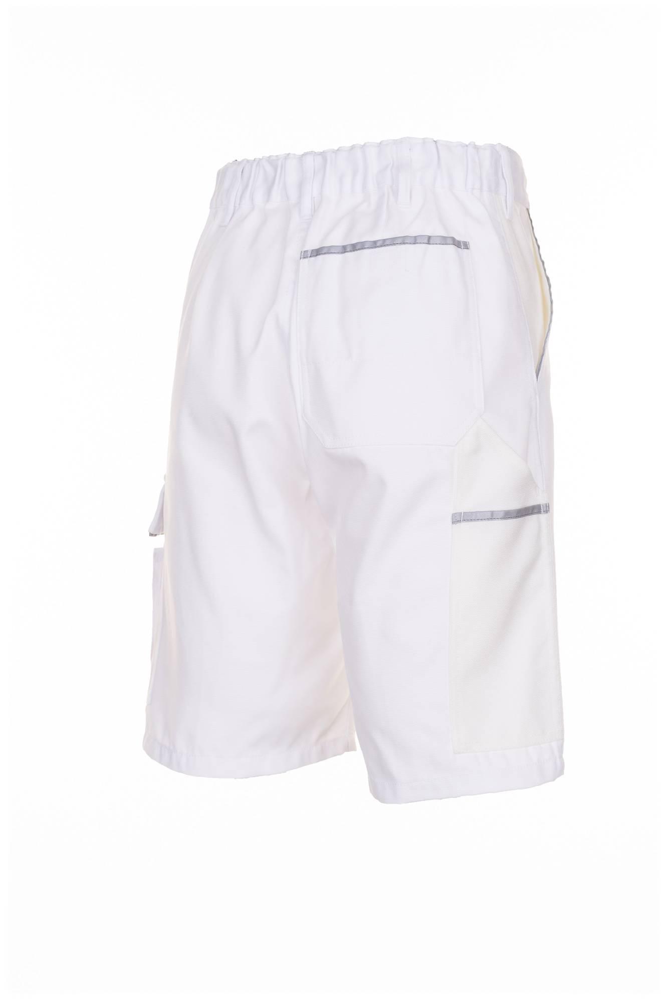Weiße Sportshorts mit elastischem Bund und reflektierendem Besatz, auf einem einfachen Hintergrund dargestellt.