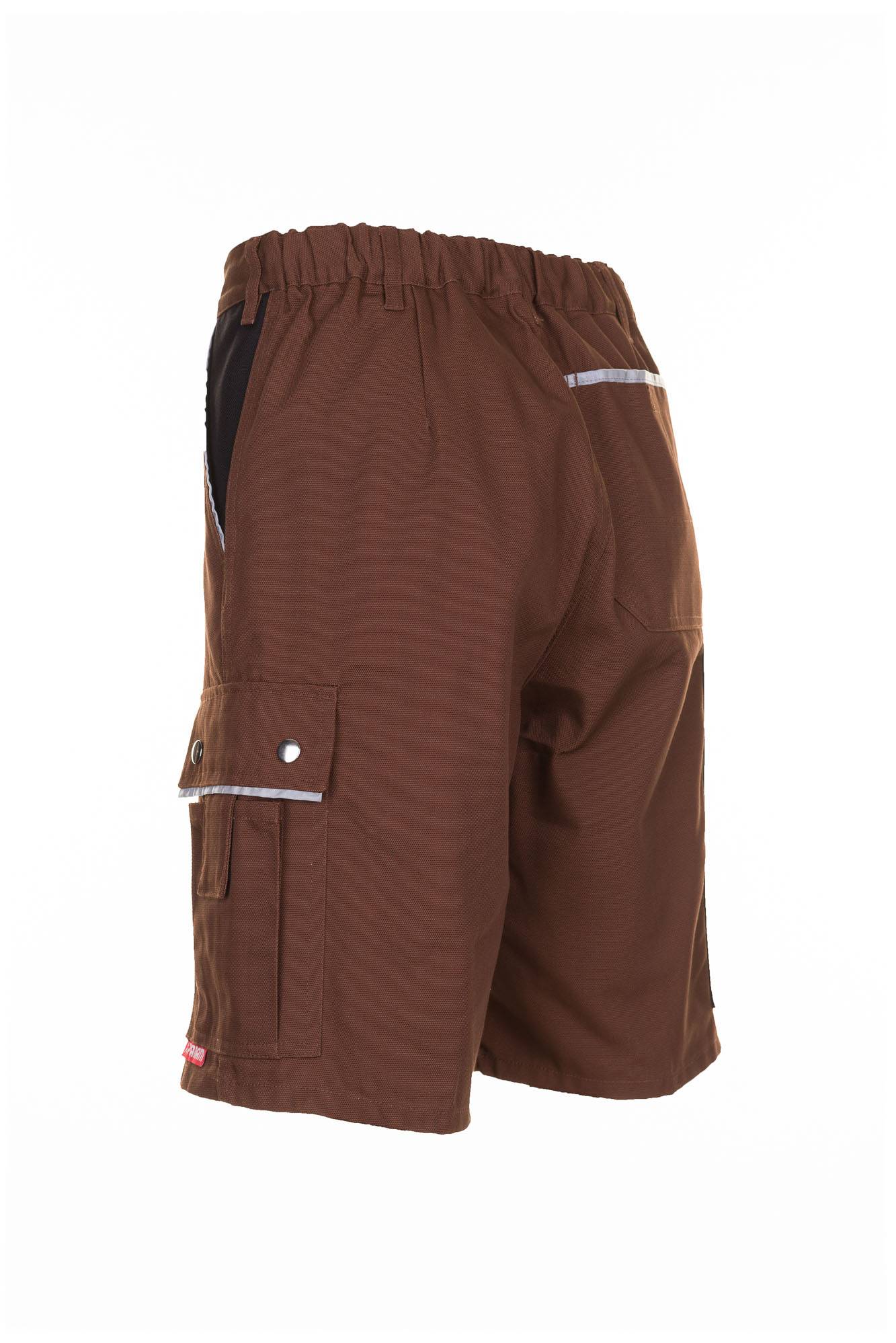 Braune Cargo-Shorts mit elastischem Bund, seitlichen Klappentaschen und reflektierendem Besatz, auf weißem Hintergrund dargestellt.