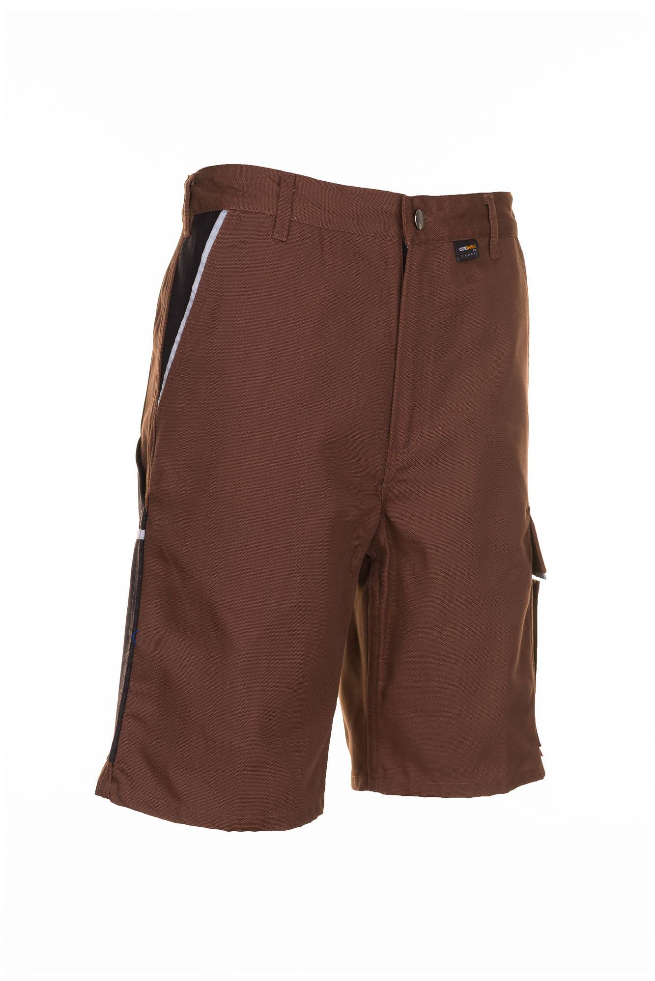 Braune knielange Shorts mit Seitentaschen und weißem Seitenstreifen, gezeigt auf weißem Hintergrund.