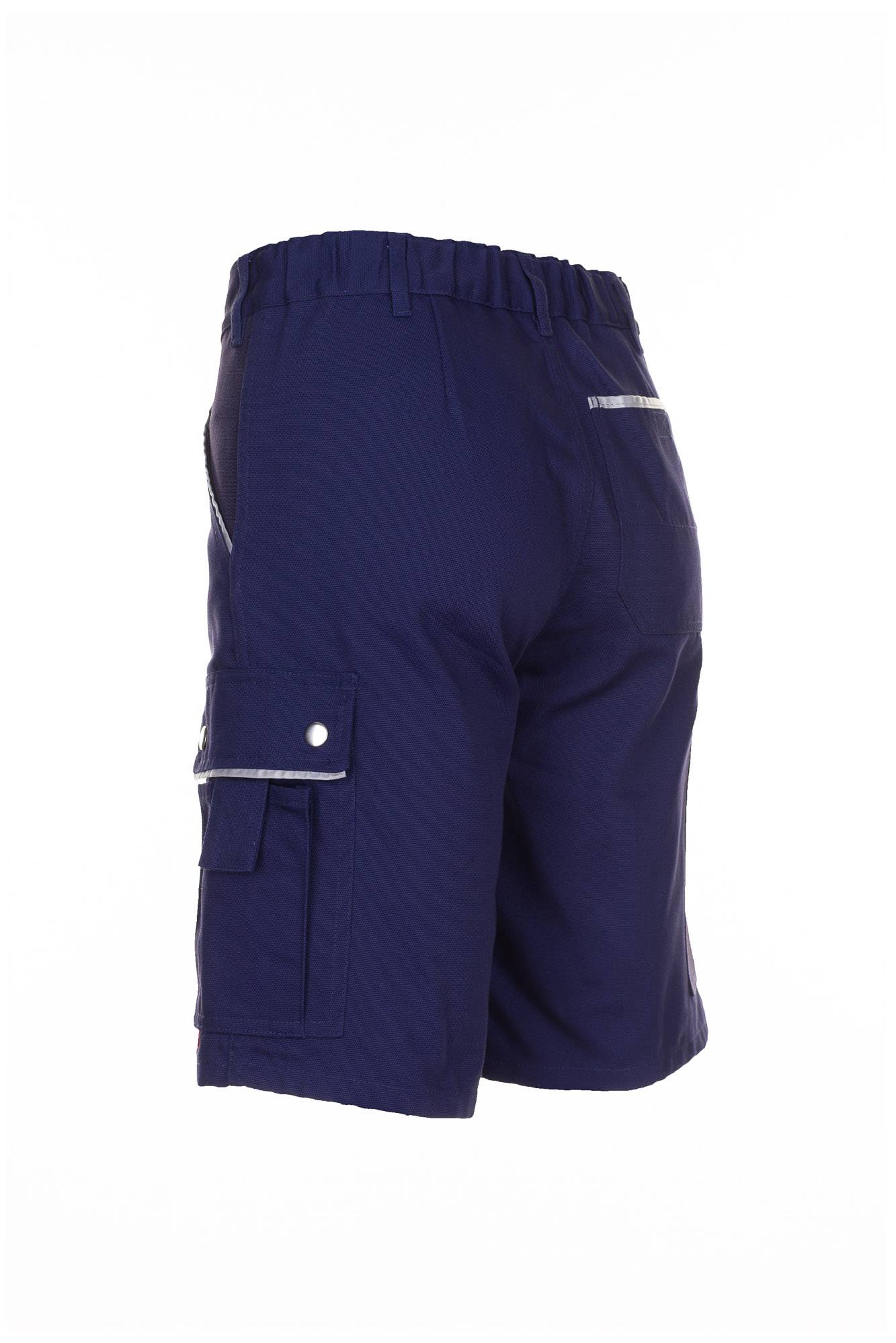 Marineblaue Cargo-Shorts mit elastischem Bund und seitlichen Klappentaschen, vor weißem Hintergrund abgebildet.