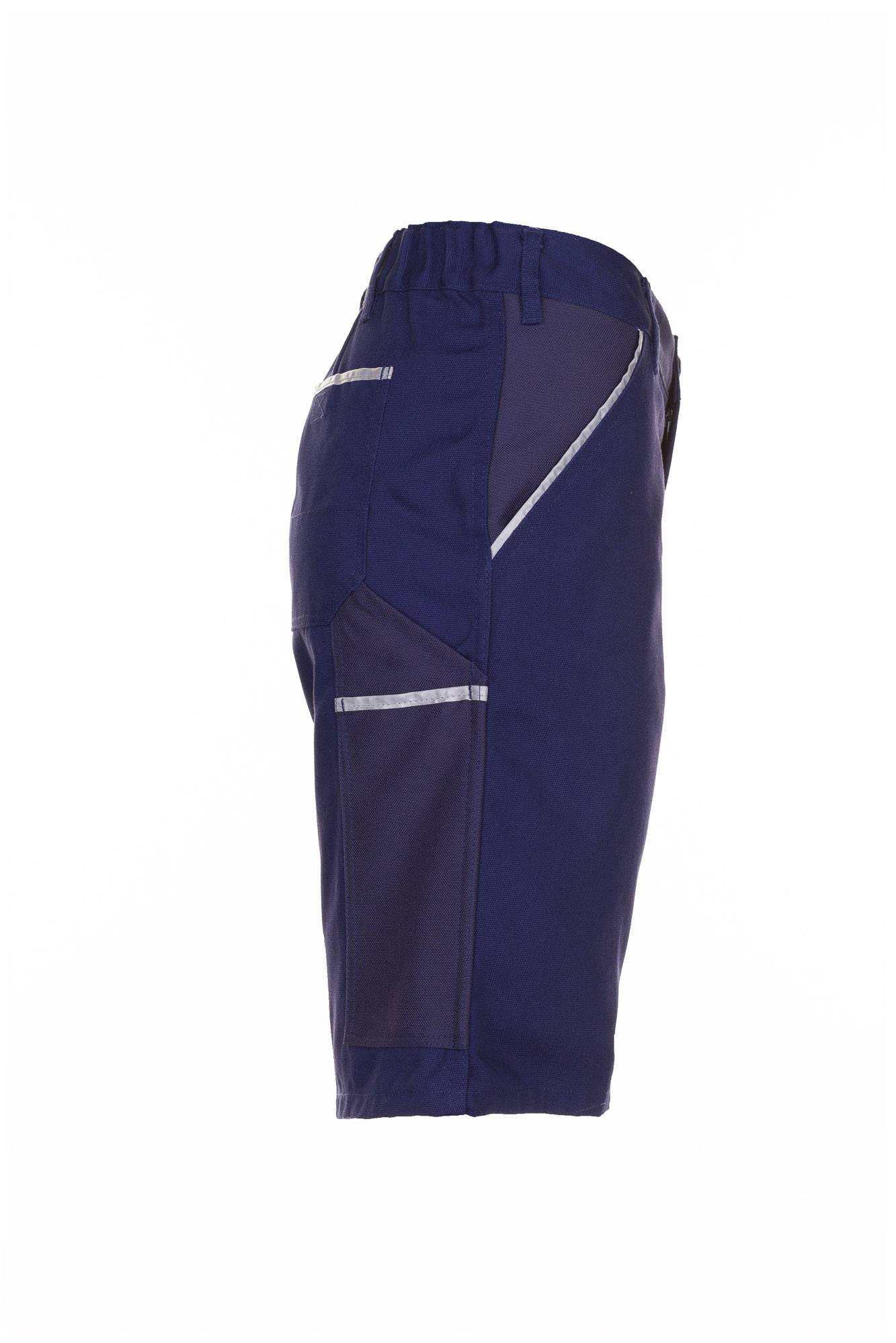Dunkelblau Sportshorts mit reflektierendem Paspel und Mesh-Seitenpaneelen, auf weißem Hintergrund gezeigt.